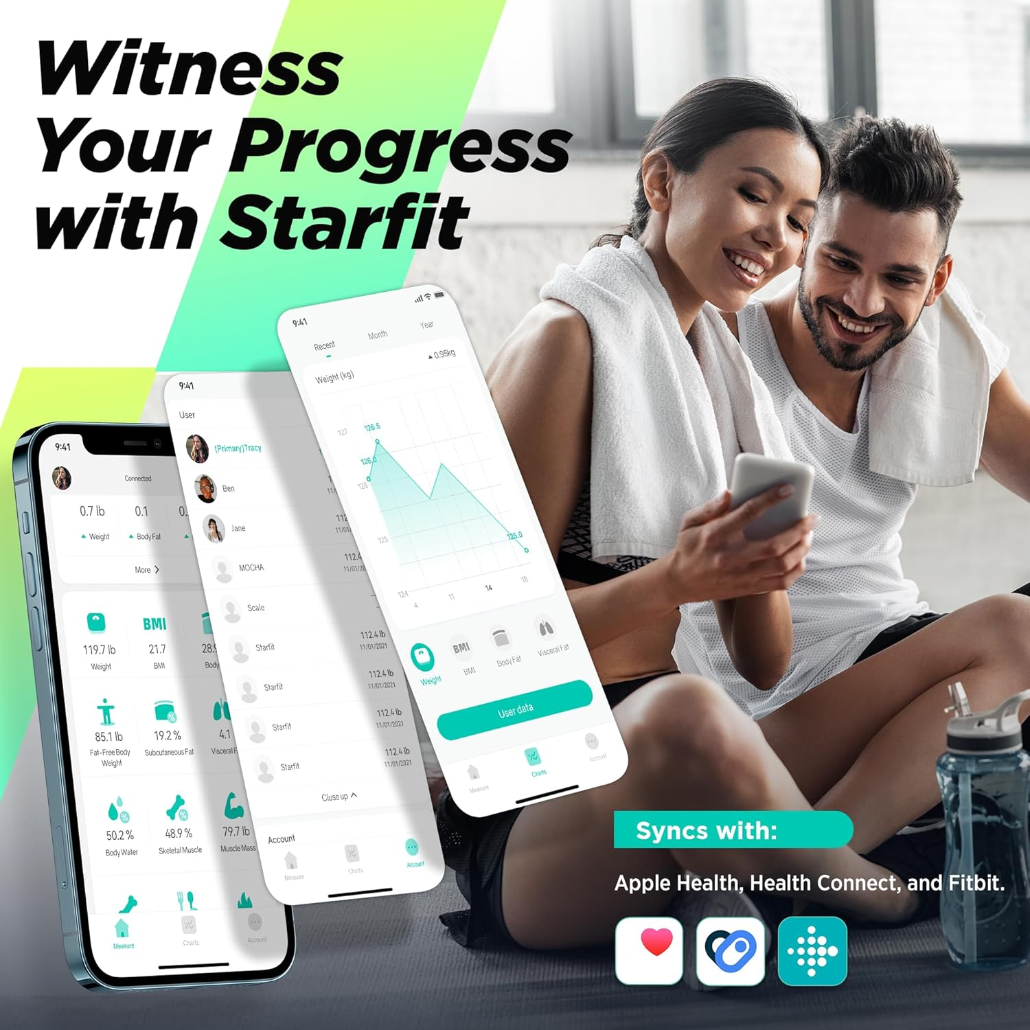 Personen, die Telefone zur Verfolgung des Fitnessfortschritts mit App-Daten verwenden. Synchronisiert mit Apple Health.