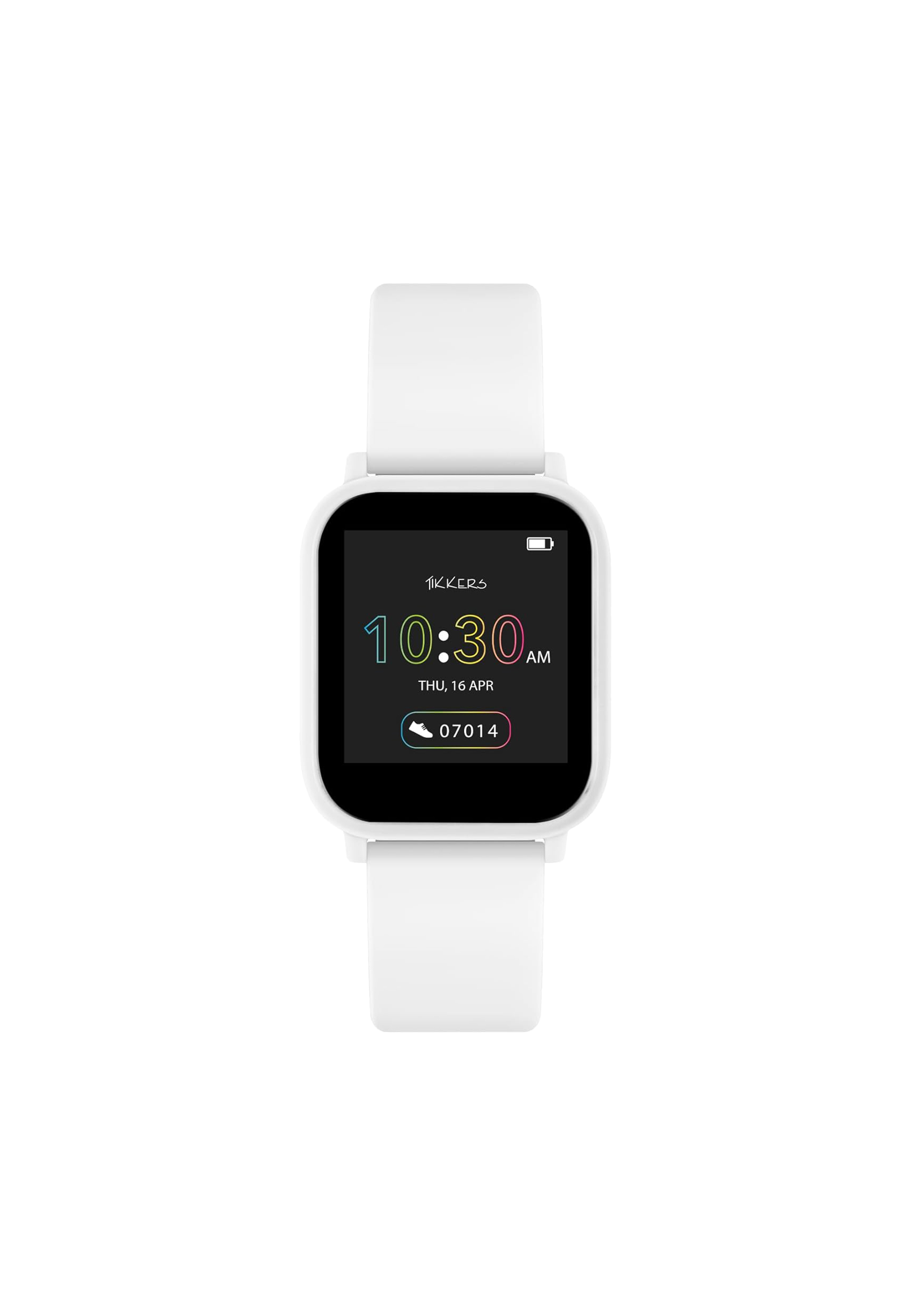 Smartwatch bianco che mostra l'ora: 10:30 AM e la data: Gio, 16 apr. Cinturino bianco.