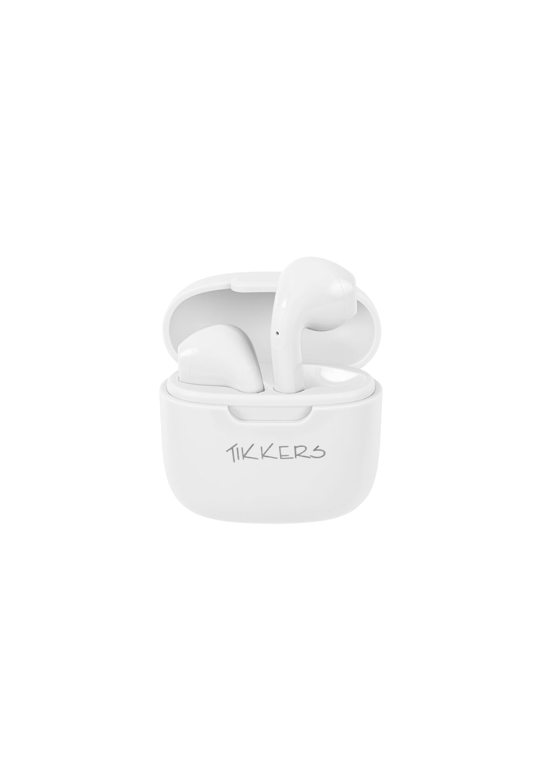Auricolari bianchi in una custodia di ricarica aperta. La custodia ha il marchio 'TIKKERS'.