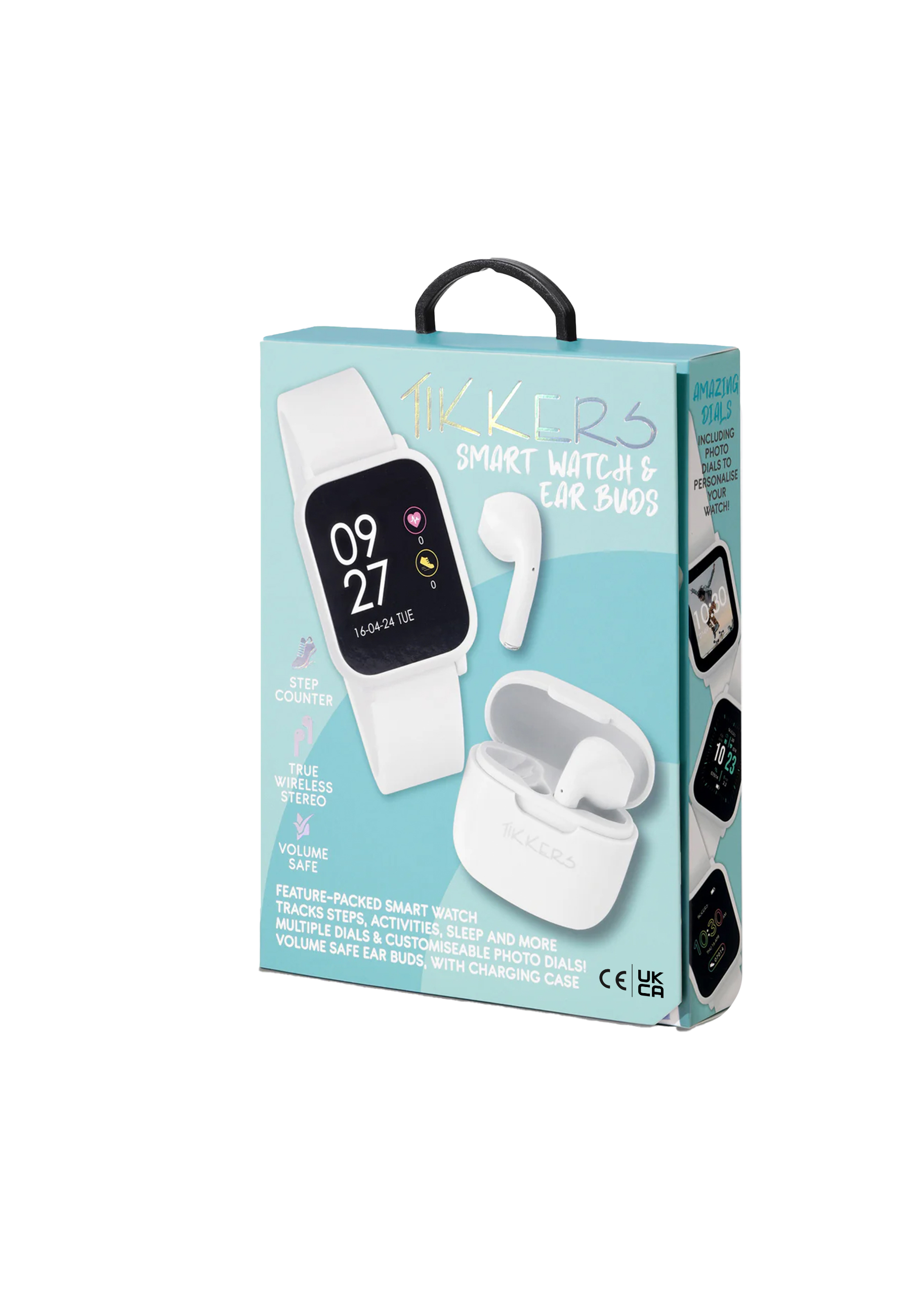 Set di scatole di uno smartwatch e auricolari. La scatola ha un orologio bianco e auricolari.