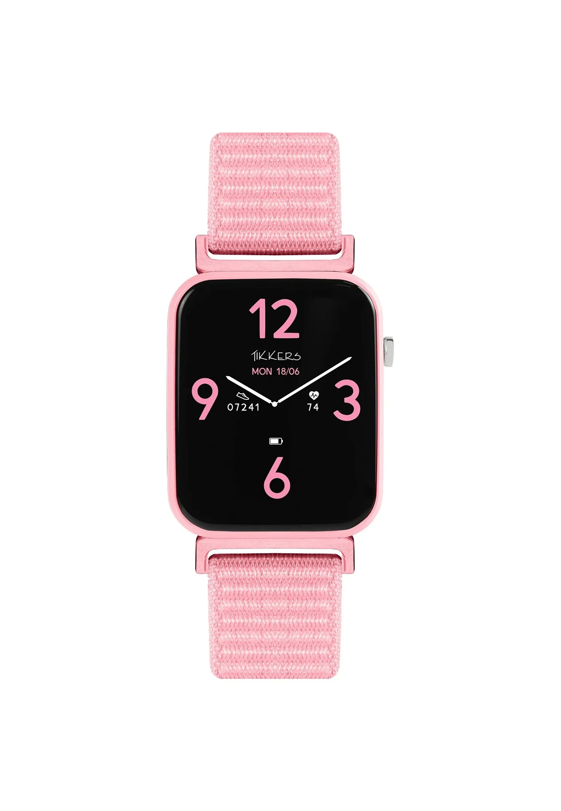 Montre connectée rose avec écran noir affichant l'heure, la date et les statistiques de santé. Bracelet rose.