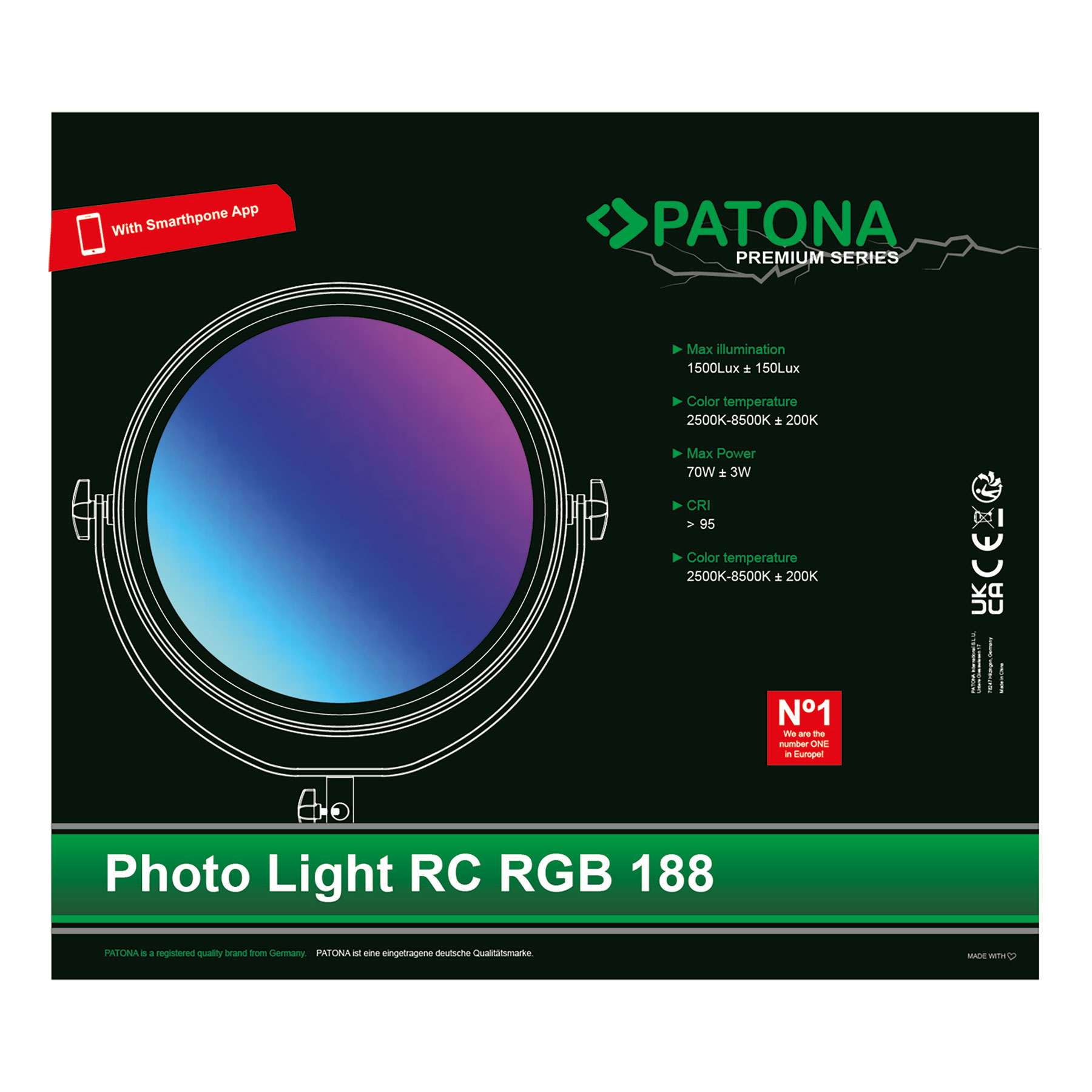 Fotolicht mit Farb- und technischen Daten: 1500 Lux, 2500-8500k, 70W und <gt/>95 CRI.
