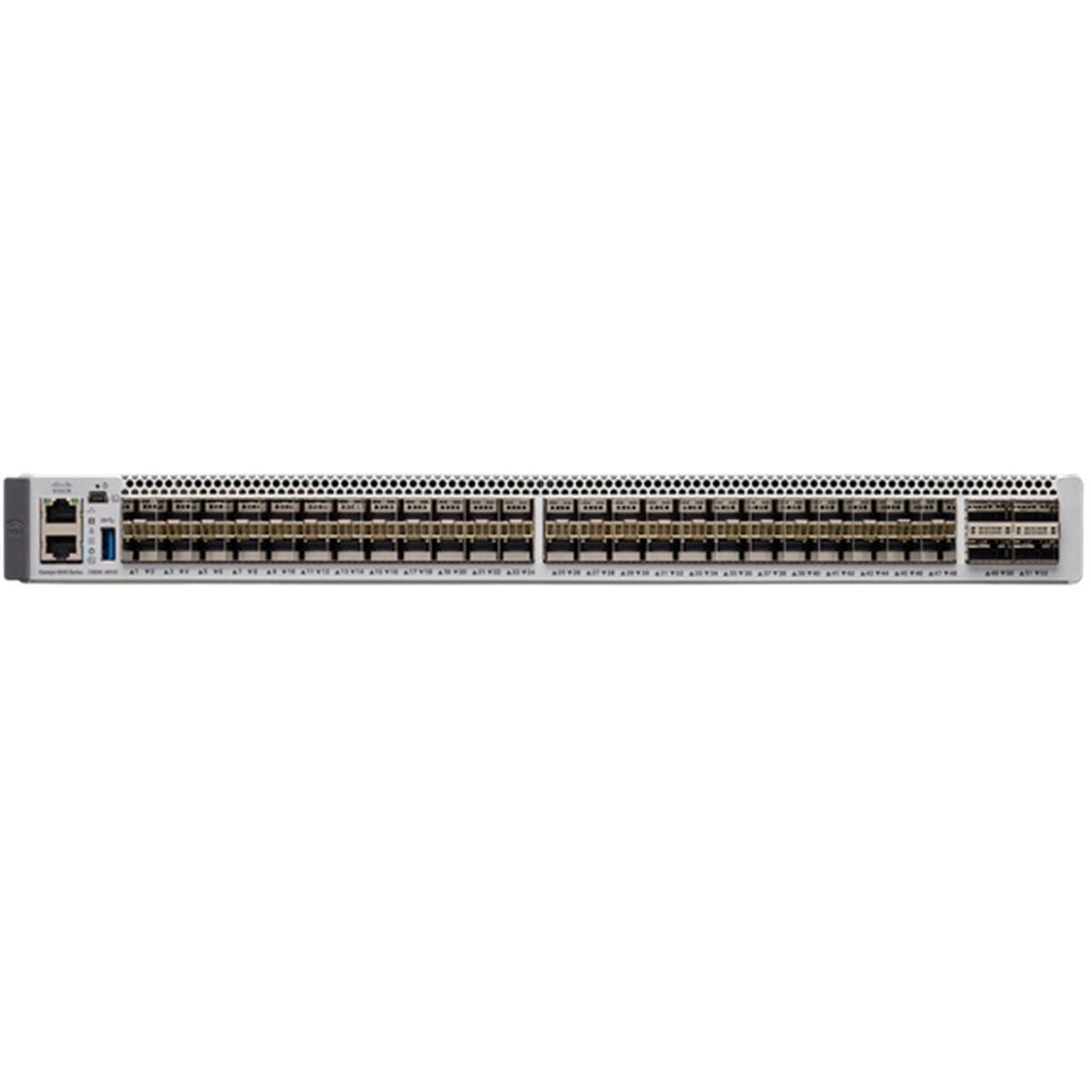 Uno switch di rete lungo e argentato con molte porte. La parte superiore ha un logo Cisco e varie porte.