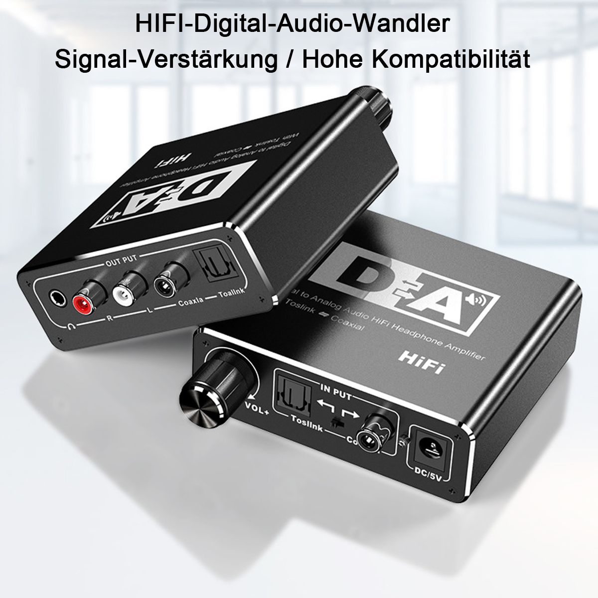 Zwei schwarze HiFi-Audio-Wandler. Text: HiFi-Digital-Audio-Wandler.