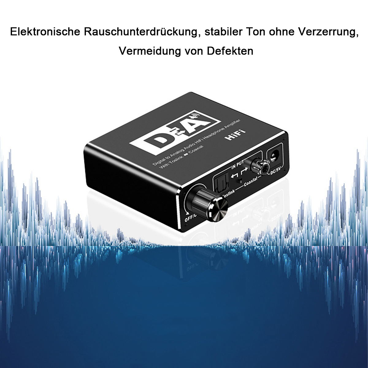 Ein schwarzes Audiogerät mit Reglern und Eingängen. Der Hintergrund zeigt abstrakte blaue Linien.
