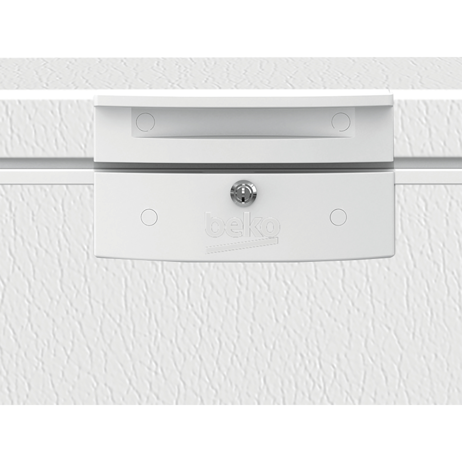Puerta de congelador blanca con asa y cerradura. La palabra "beko" está impresa.