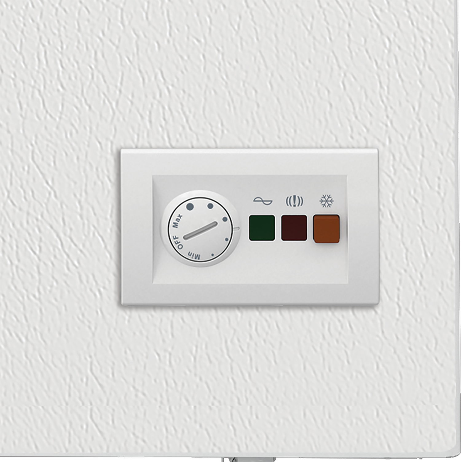 Panel de control blanco con dial, dos indicadores verde y rojo, y un icono de copo de nieve. Sobre superficie blanca texturizada.