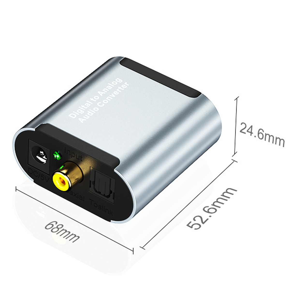 Silberner Digital-Analog-Audio-Konverter mit angegebenen Abmessungen. Hat Eingangs-/Ausgangsanschlüsse.