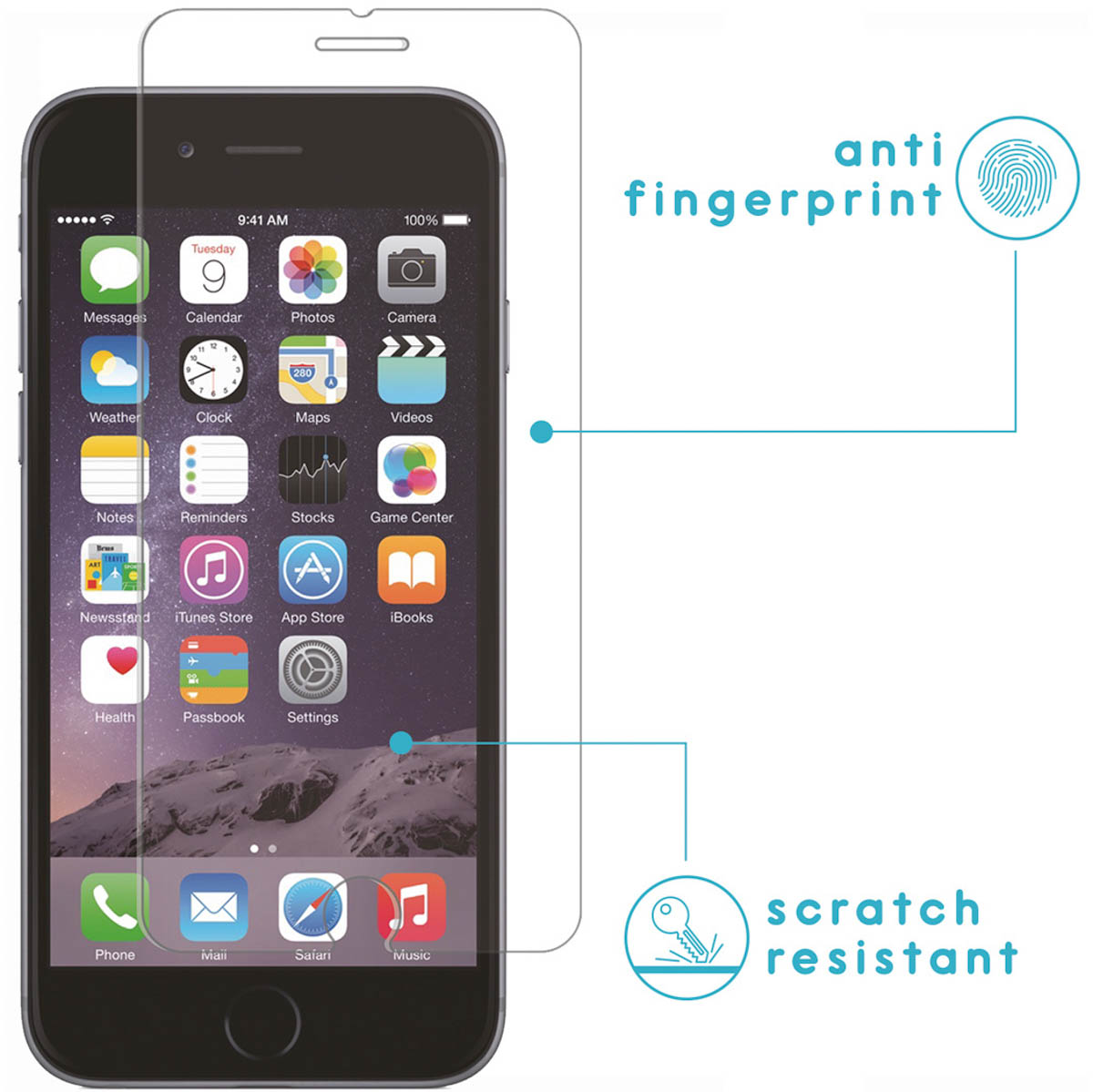 A phone with a screen protector applied. Text indicates features like anti-fingerprint and scratch resistant.