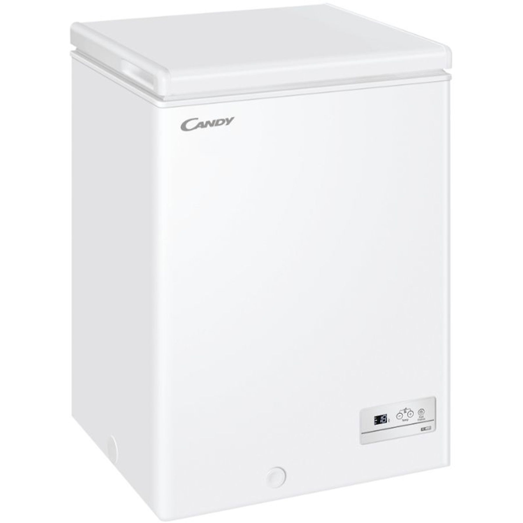 Biała zamrażarka skrzyniowa Candy z widocznym panelem sterowania na białym tle.