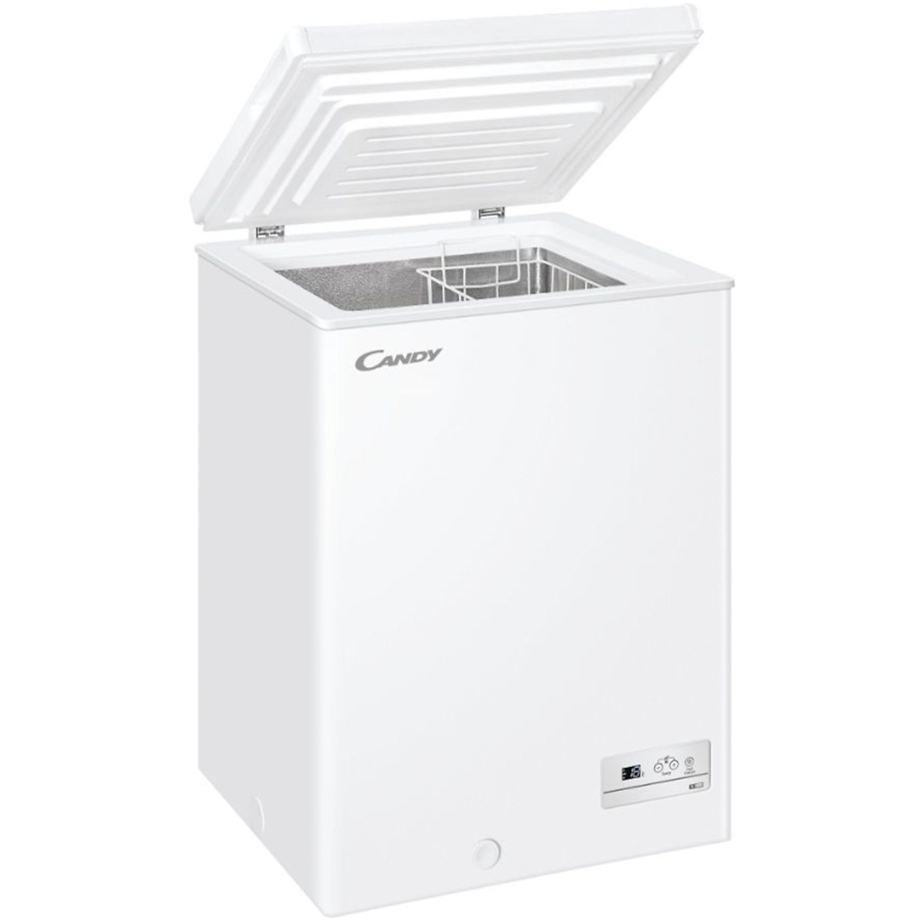 Biała zamrażarka skrzyniowa Candy z otwartą pokrywą. Wnętrze ma druciany kosz. Widoczny panel sterowania.