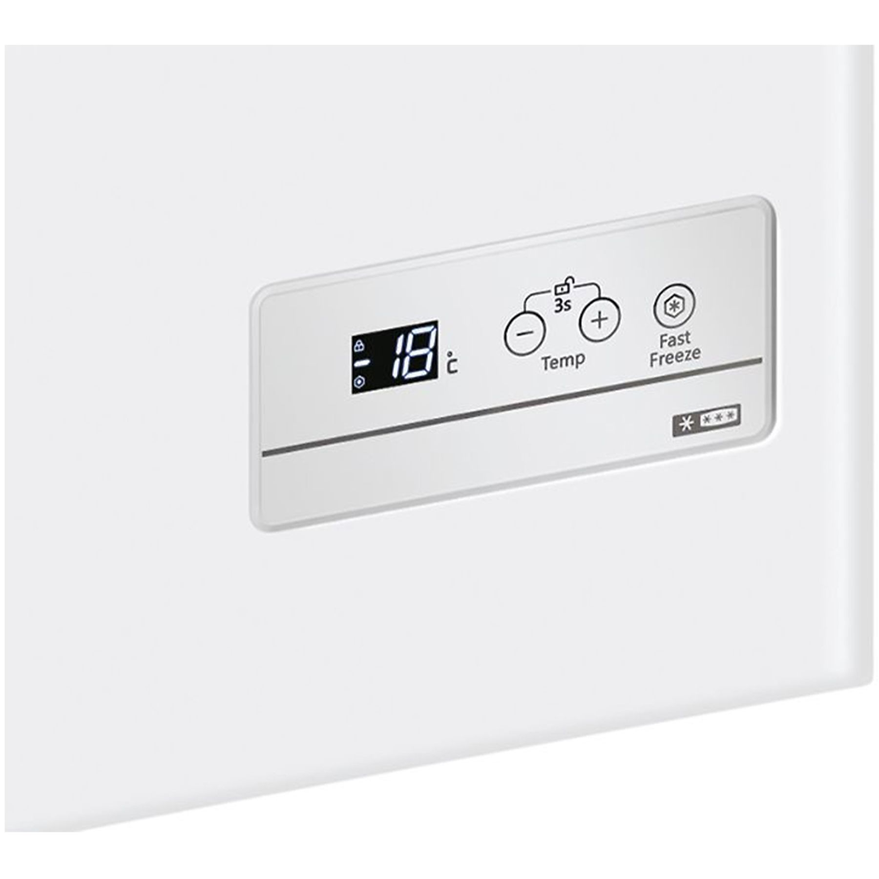 Biały panel sterowania zamrażarki z cyfrowym wyświetlaczem temperatury i przyciskami.