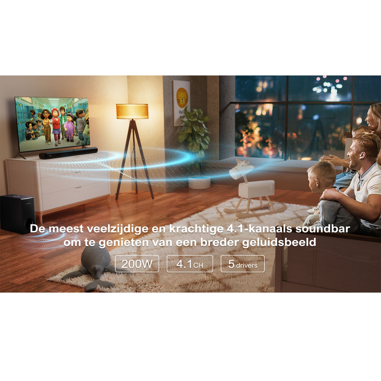 Woonkamer met tv, soundbar, subwoofer en gezin. Tekst: 4.1-kanaals soundbar.