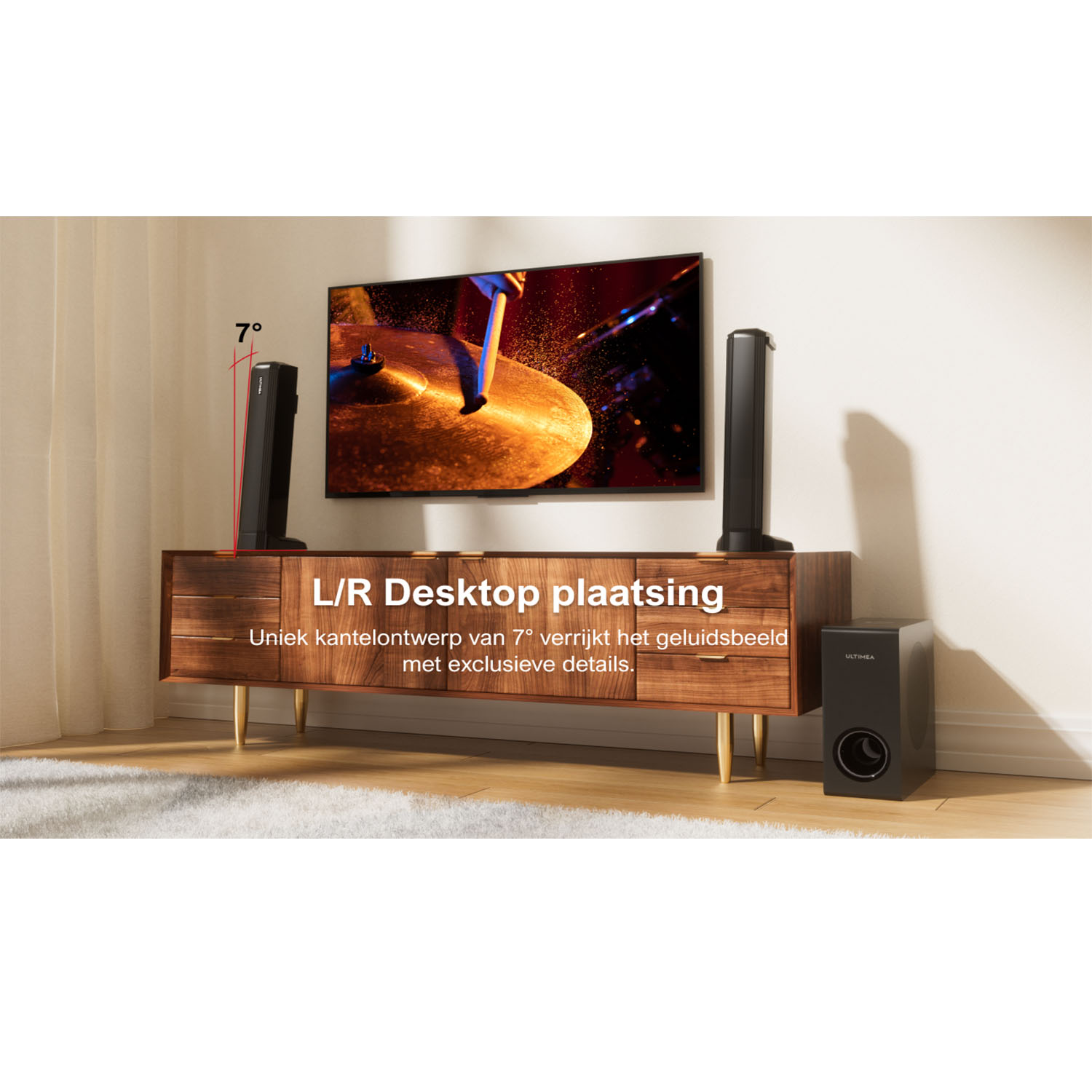 Tv op kast met L/R-luidsprekers en subwoofer. Tekst: L/R Desktop plaatsing.