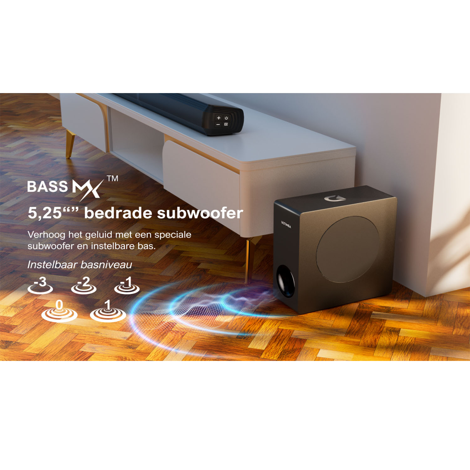 Subwoofer met 5,25" bedraad en niveau-aanpassingen. Tekst: Verbeter het geluid met een speciale subwoofer.