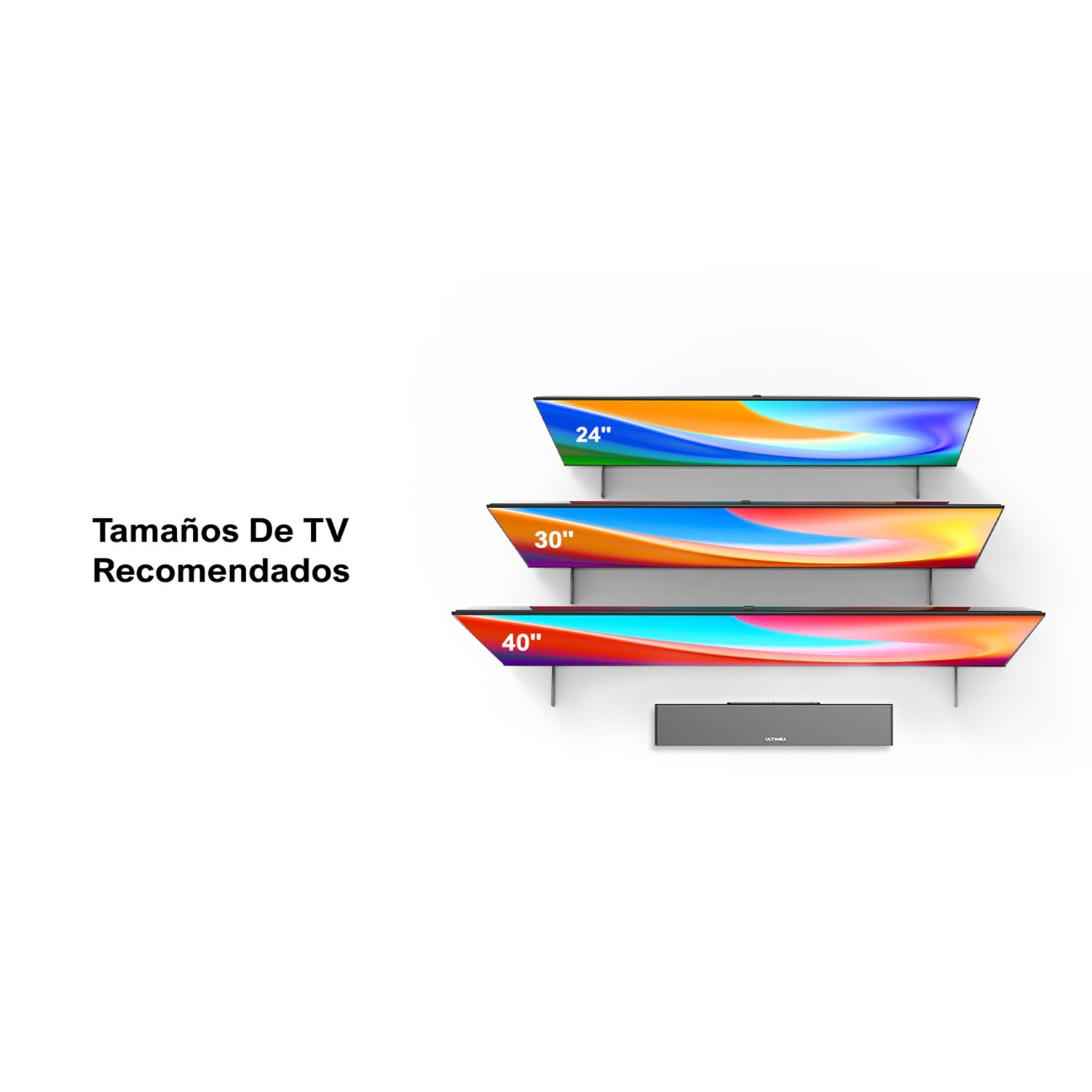 Tv-maten aan de muur: 24", 30", 40", en soundbar eronder. Tekst: Aanbevolen tv-maten.