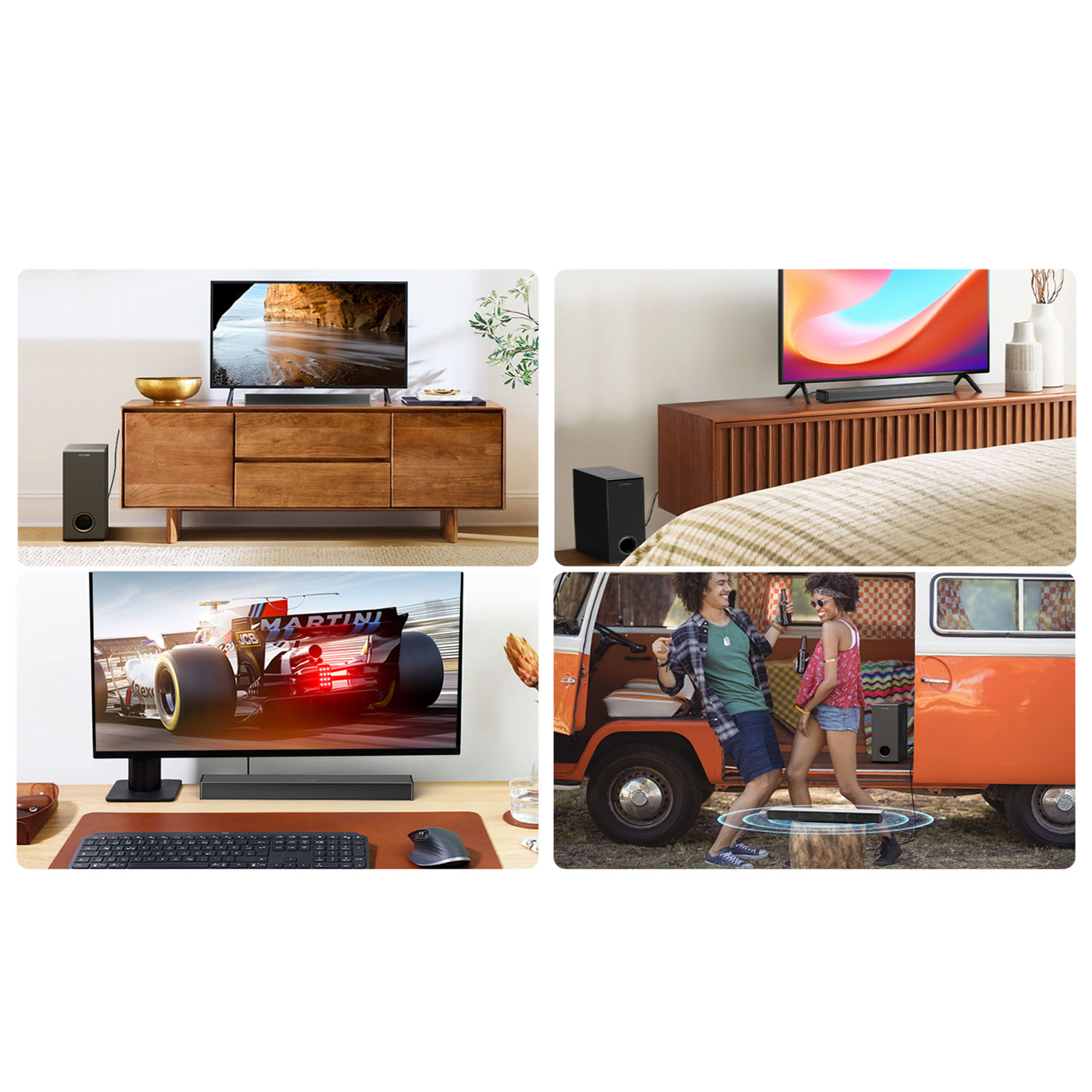 Collage van opstellingen: tv met soundbar, subwoofer. Scènes: bureau, woonkamer, busje met mensen.