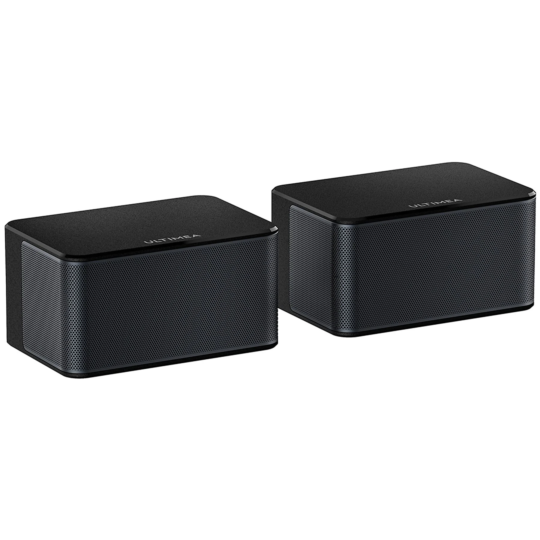 Dwa czarne, prostokątne głośniki. Przód ma wzór kratki, a u góry widnieje napis 'ULTIMEA'.