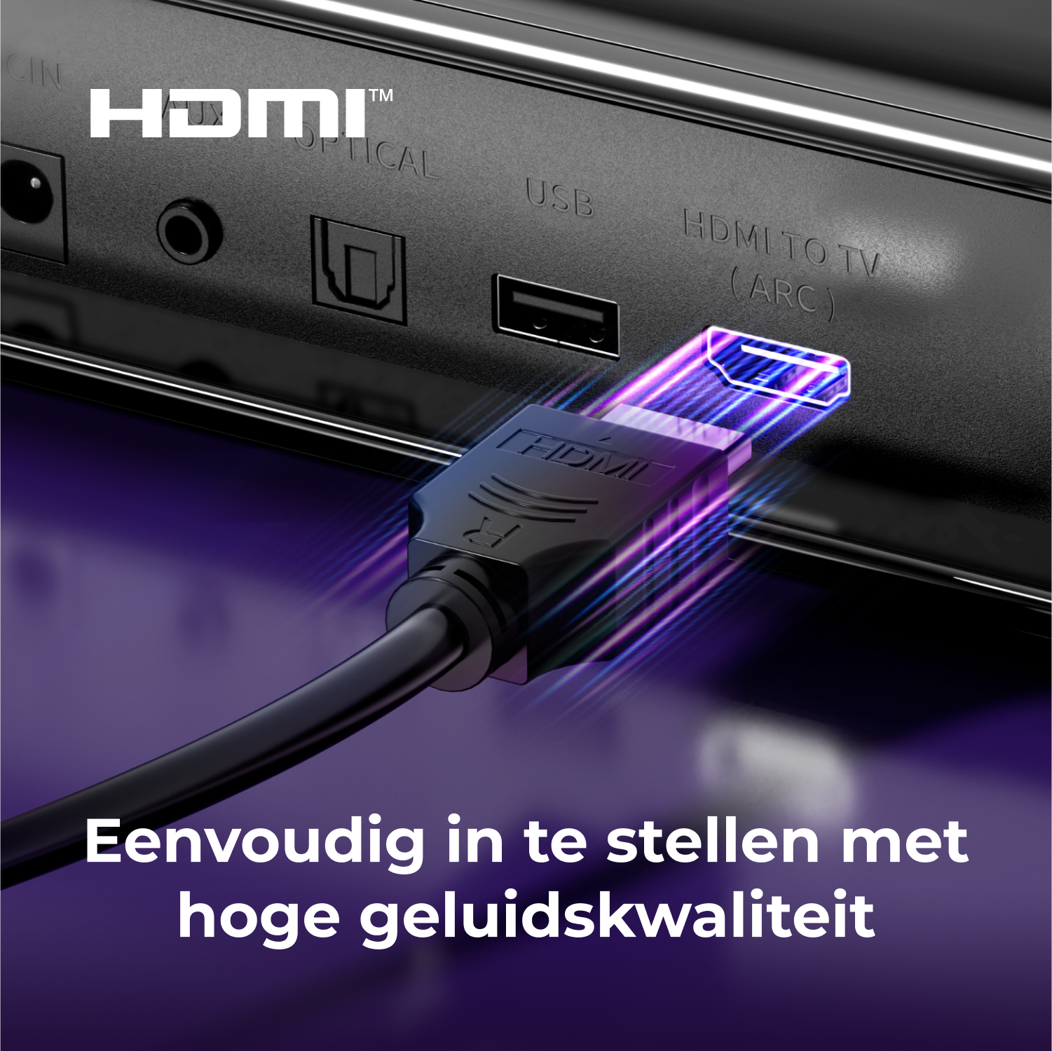 Gros plan de l'arrière d'une barre de son avec ports HDMI et USB. Un câble est branché.