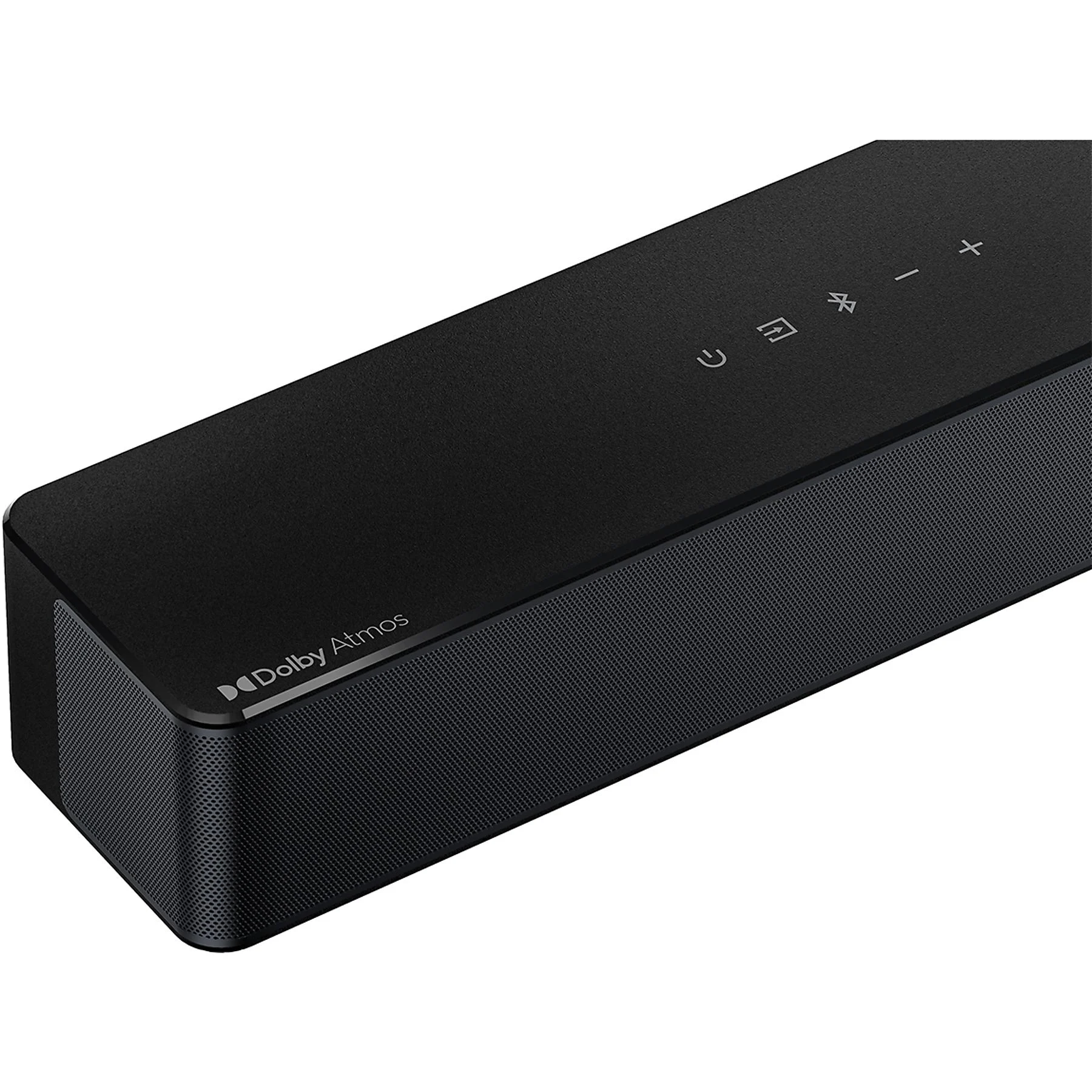 Zbliżenie czarnego soundbara z logo Dolby Atmos i przyciskami sterowania na górze.