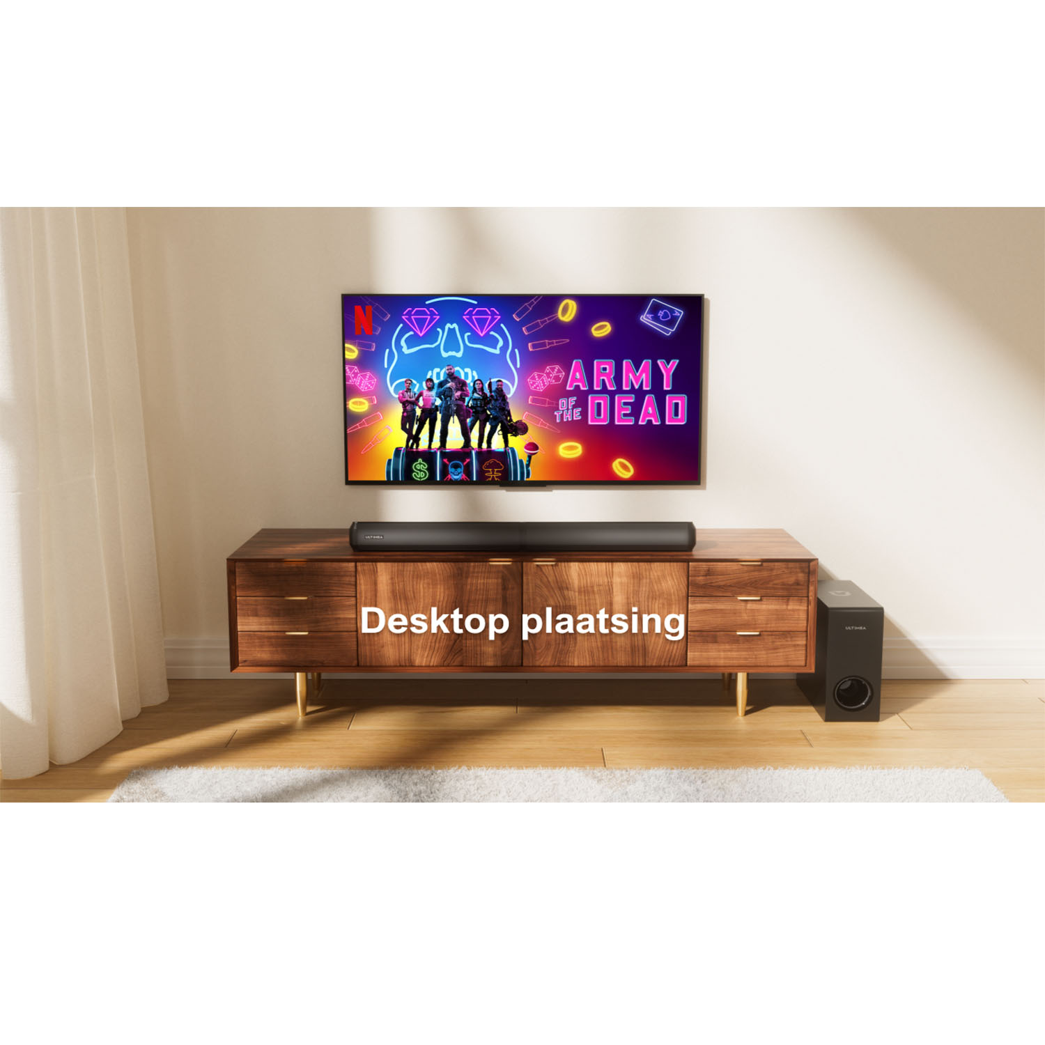 Een woonkamer met een tv en soundbar-opstelling. De woorden 'Desktop plaatsing' zijn zichtbaar.