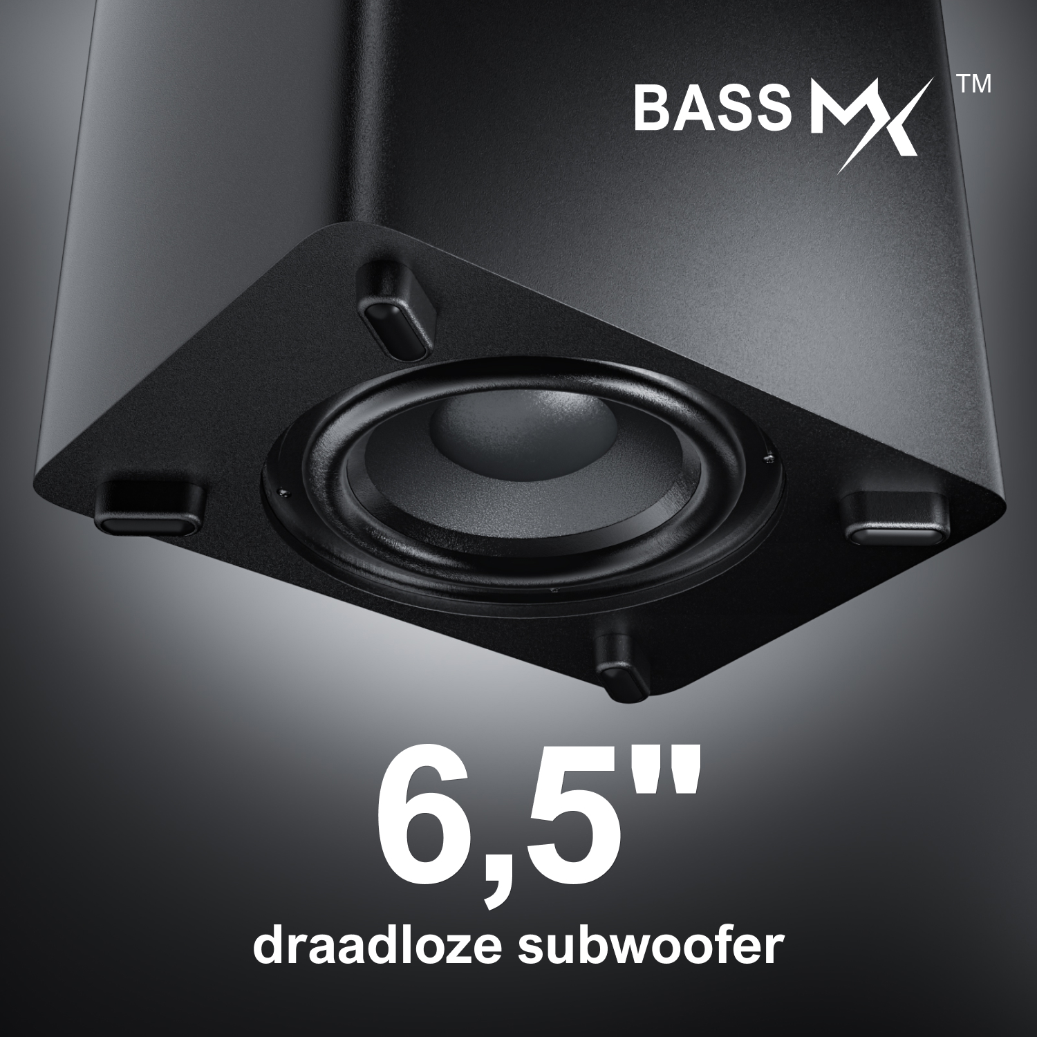 Zwarte subwooferbasis met 6,5" draadloos subwooferlabel. Het woord BASS MX staat bovenaan.