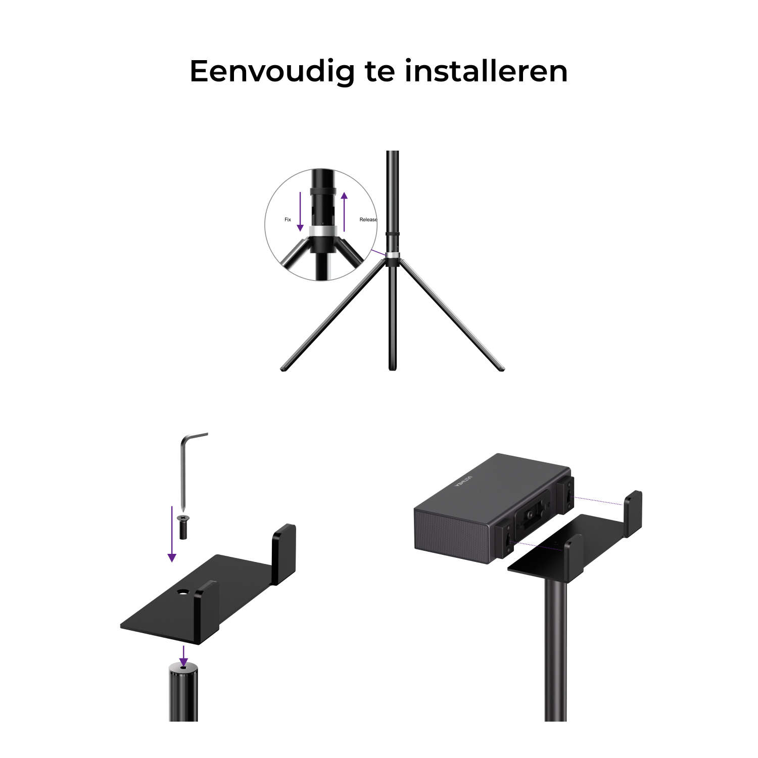 Diagram toont montage van luidsprekerstandaard met zwarte componenten, schroeven en basis.