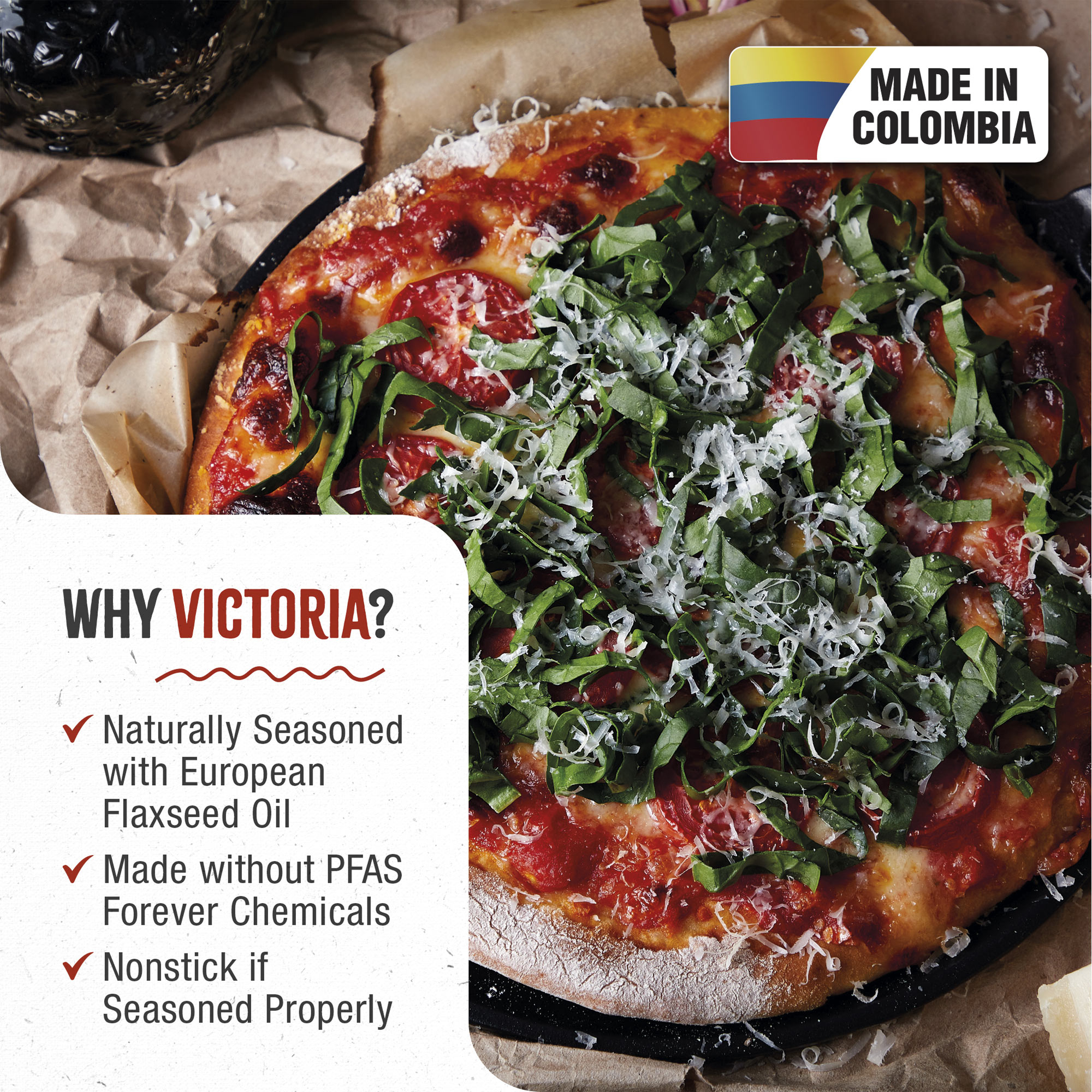 Pizza mit Tomatensauce, Spinat und Käse, hergestellt in Kolumbien. Text: Warum Victoria? Natürlich gewürzt, kein PFAS.