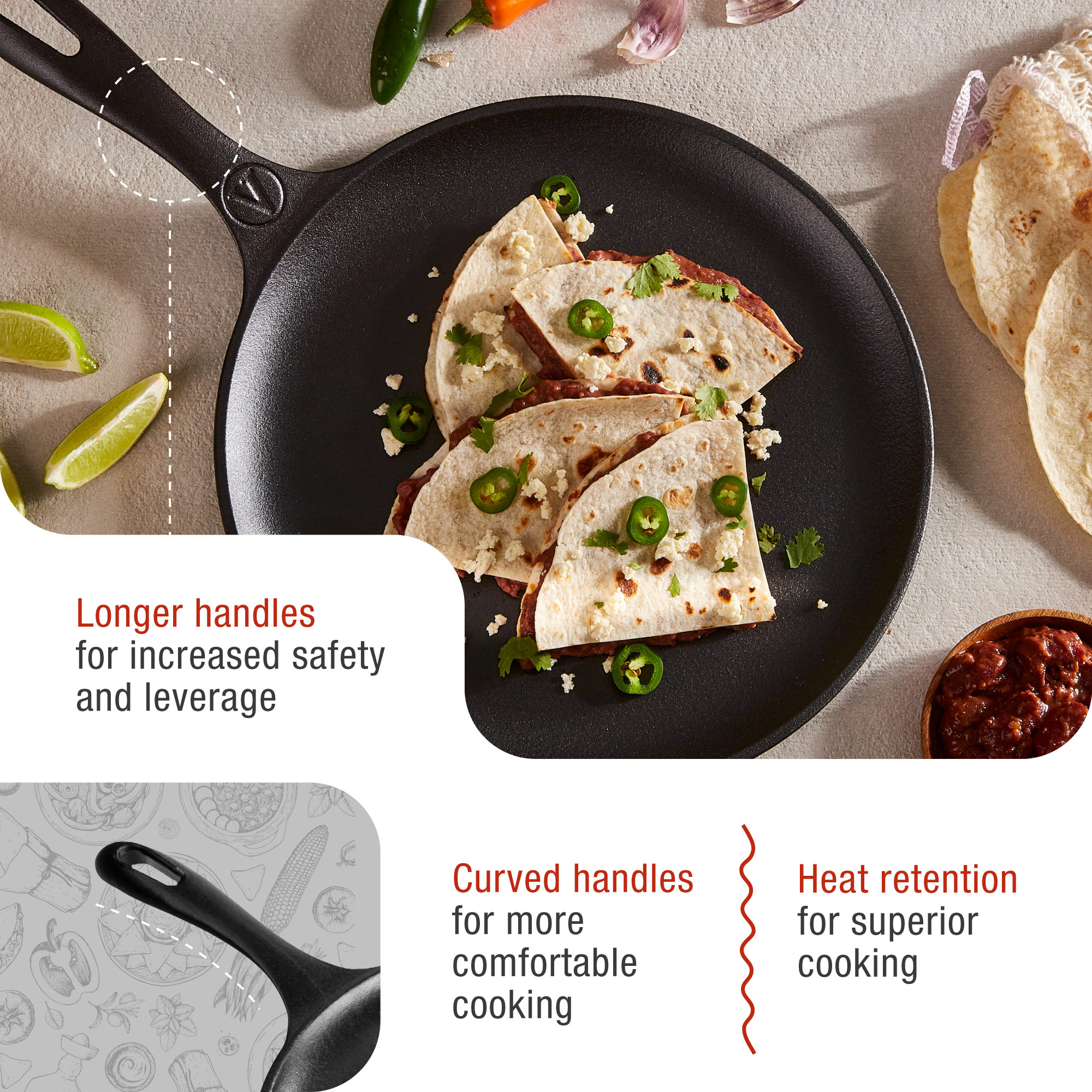 Eine Pfanne mit Essen. Enthält Quesadillas. Verfügt über längere und gebogene Griffe sowie Wärmespeicherung.