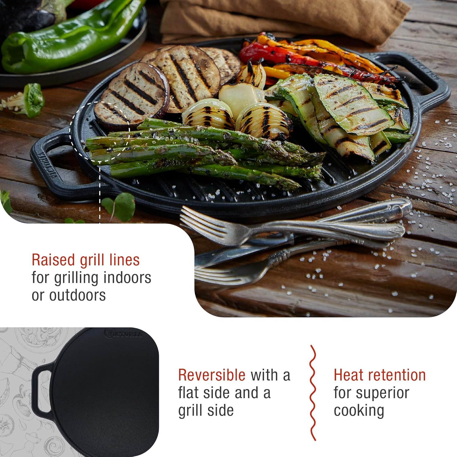 Grillpfanne mit gegrilltem Gemüse. Spargel, Zucchini und Zwiebeln sind vorhanden.
