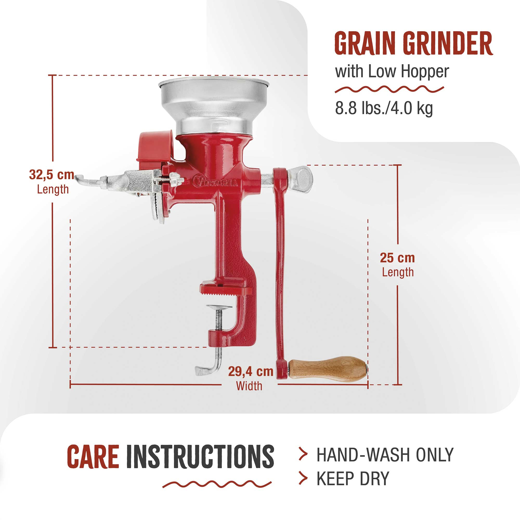 Rote Getreidemühle mit Maßangaben. Es ist rot und hat einen Holzgriff.