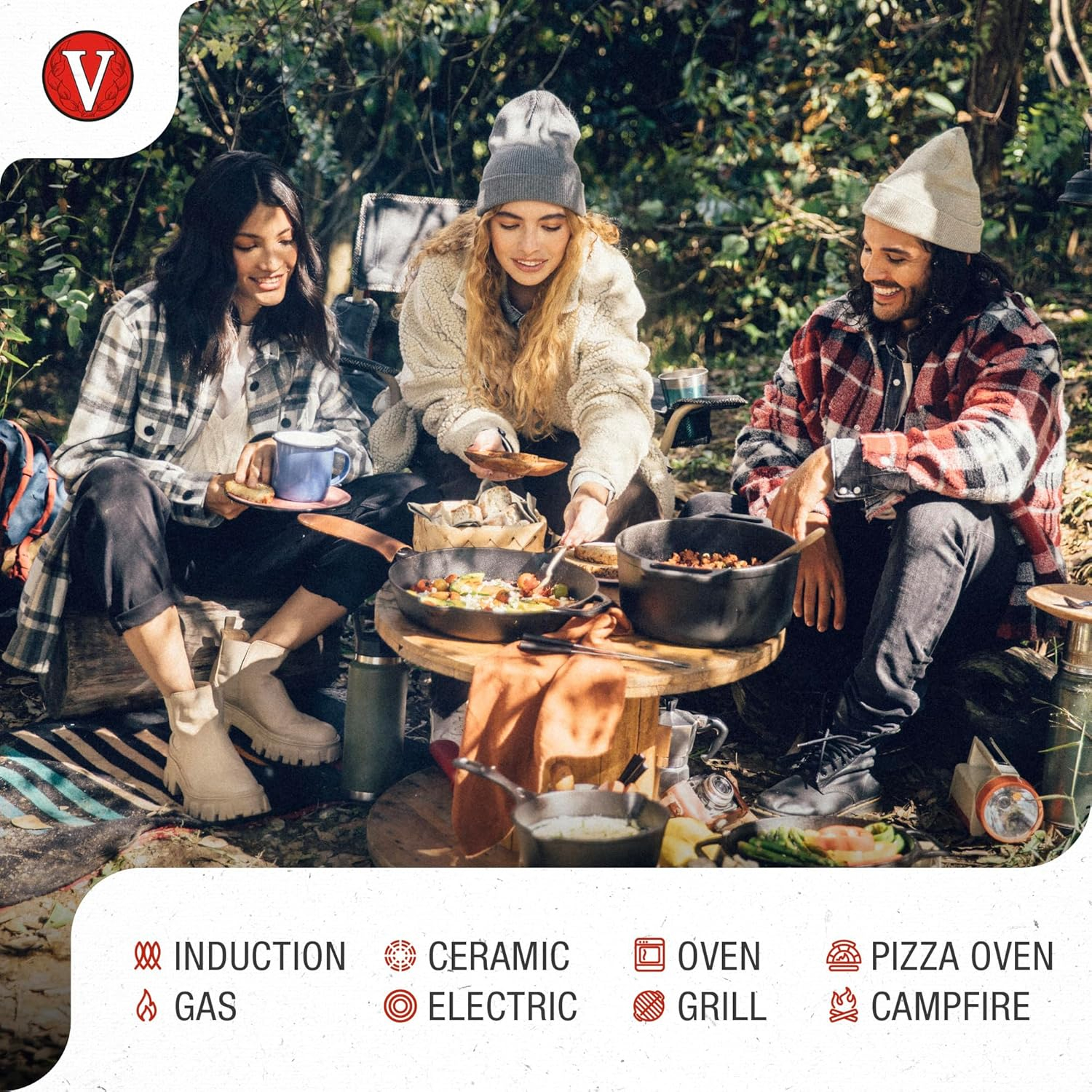 Gruppe von Leuten um ein Lagerfeuer, die Essen kochen. Verschiedene Kochoptionen werden angezeigt.