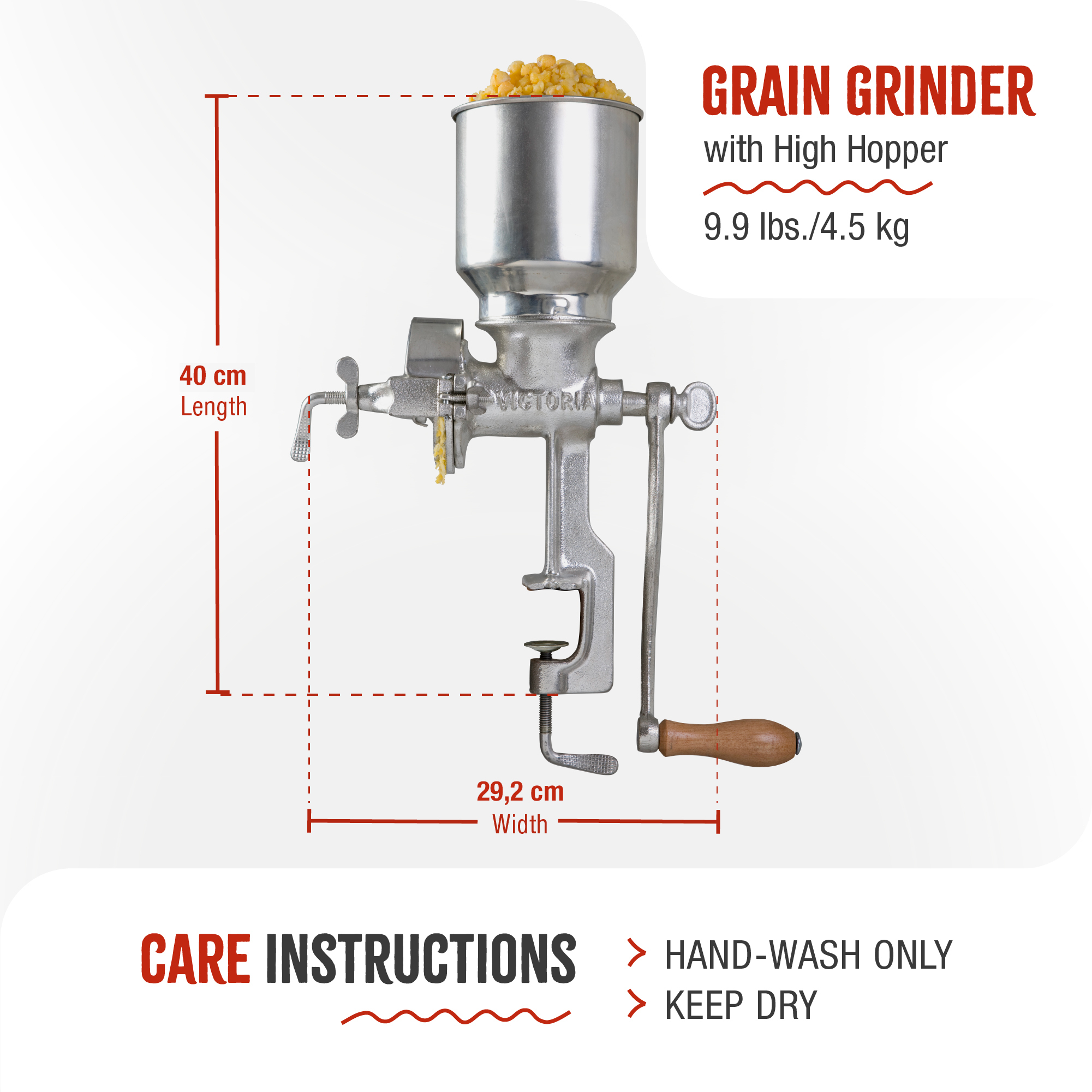 Un molinillo de grano con tolva alta. Muestra dimensiones e instrucciones de cuidado. Fondo blanco.
