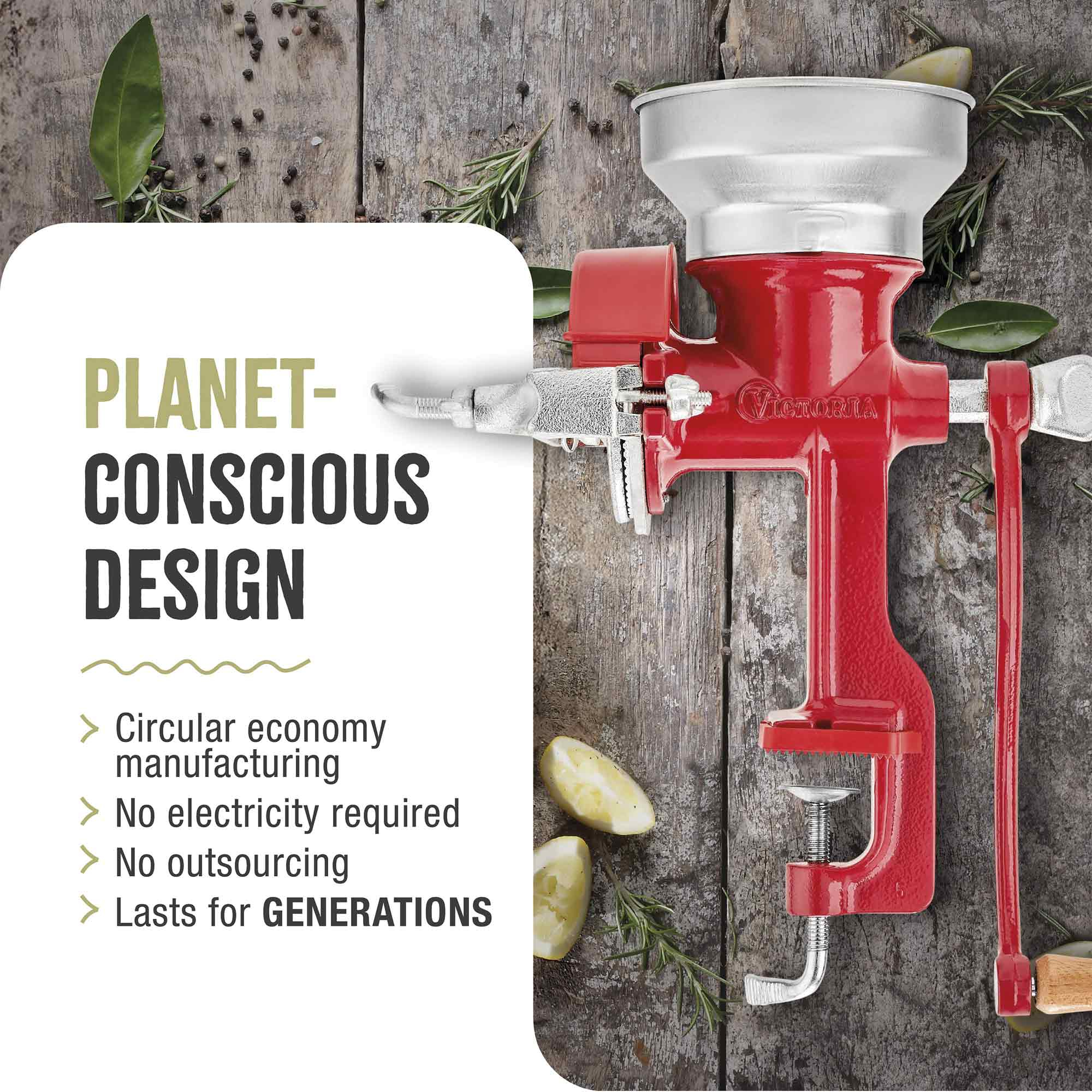 Rote manuelle Mühle. Text: 'Planet-Conscious Design', 'Circular economy manufacturing'.