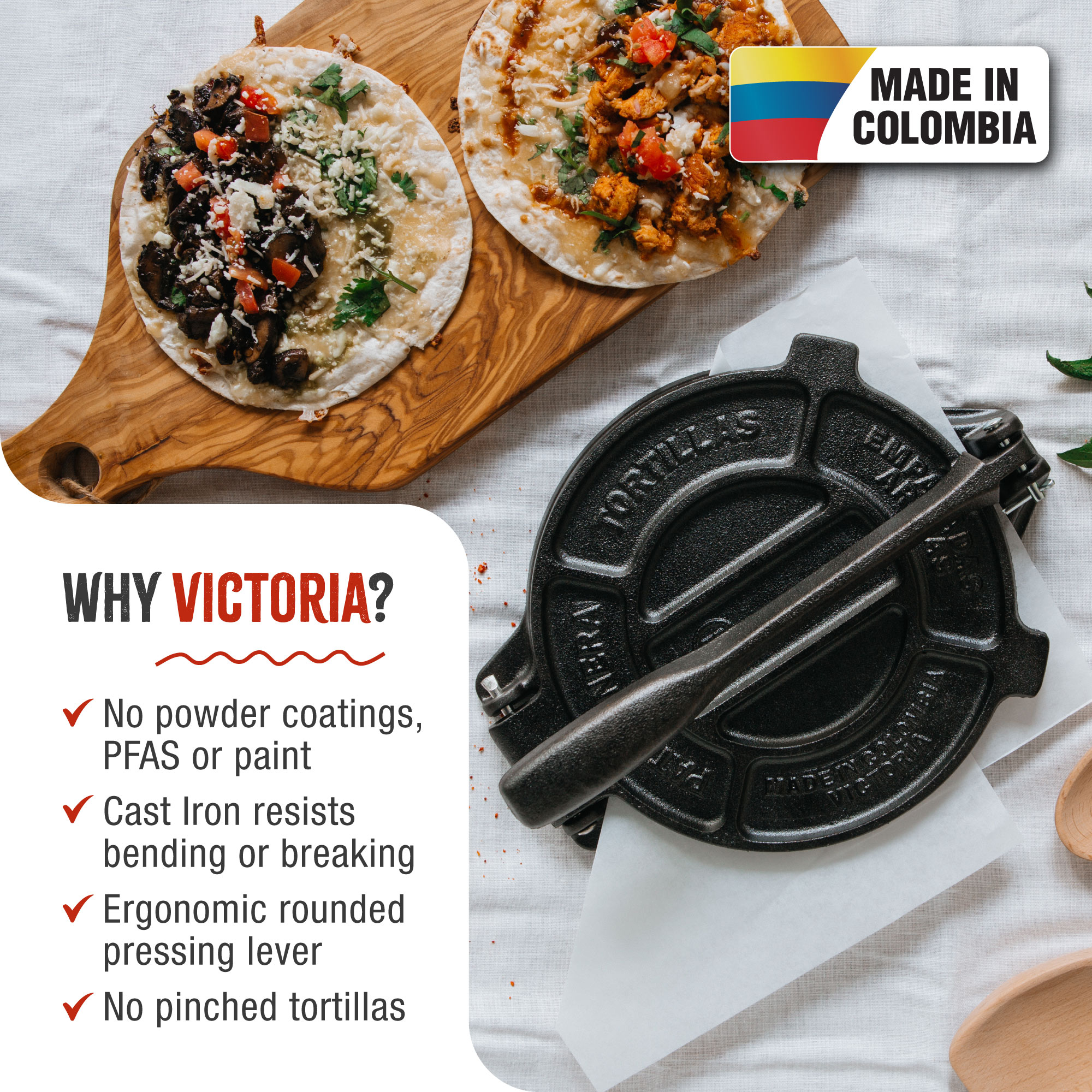 Tacos auf Holzbrett, Tortillapresse, Text: WARUM VICTORIA? und Vorteile.