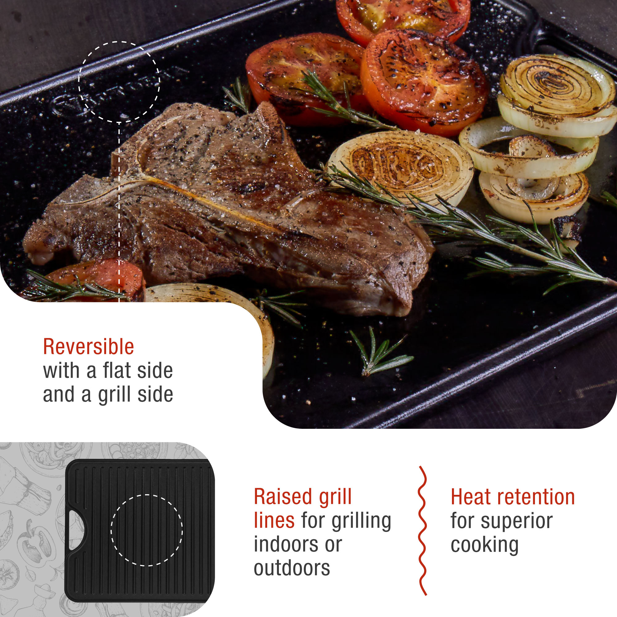 Steak und Gemüse auf einer schwarzen Grillpfanne mit Text und Details.
