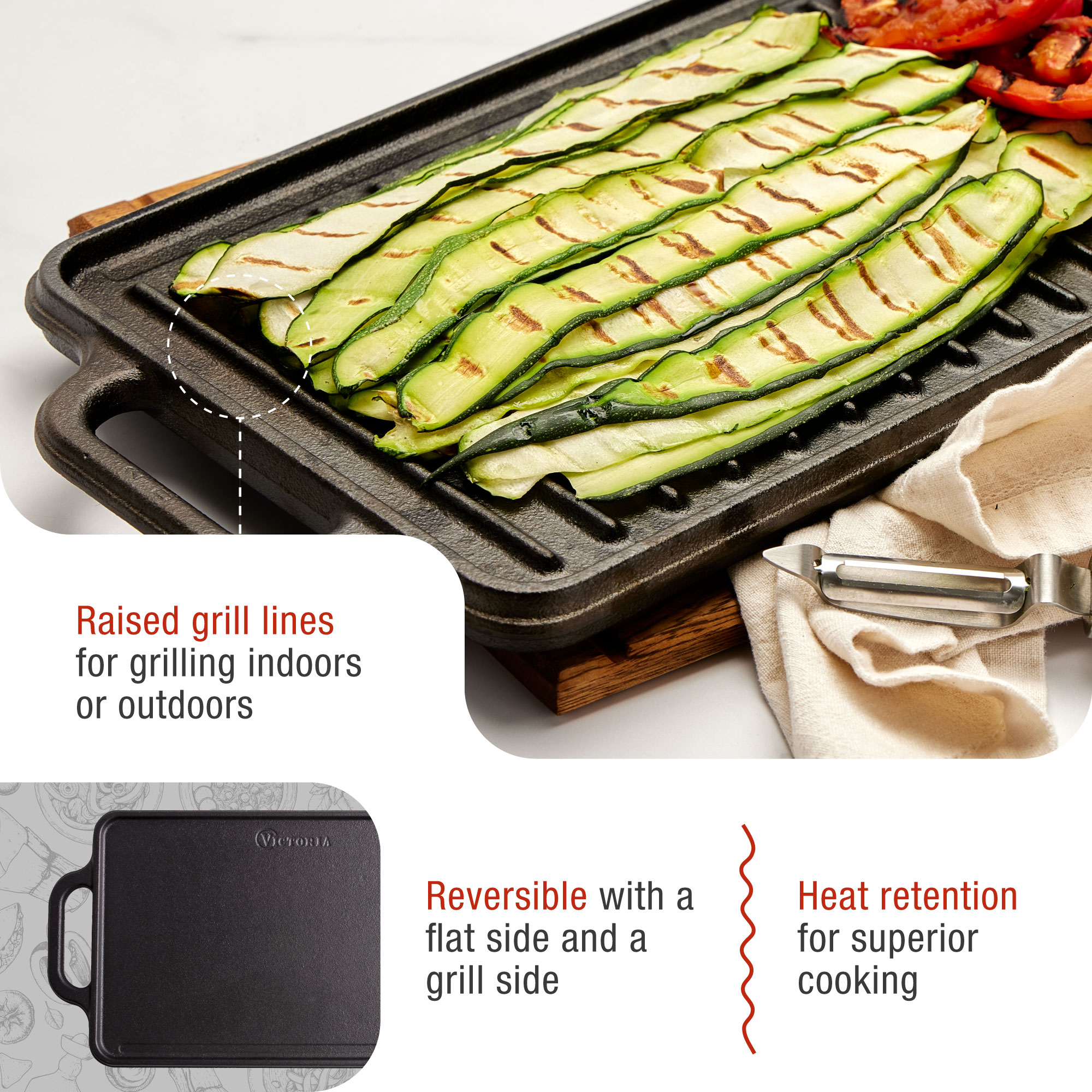 Schwarze Grillpfanne mit gegrillten Zucchinischeiben und Tomaten. Text beschreibt Grillmerkmale.