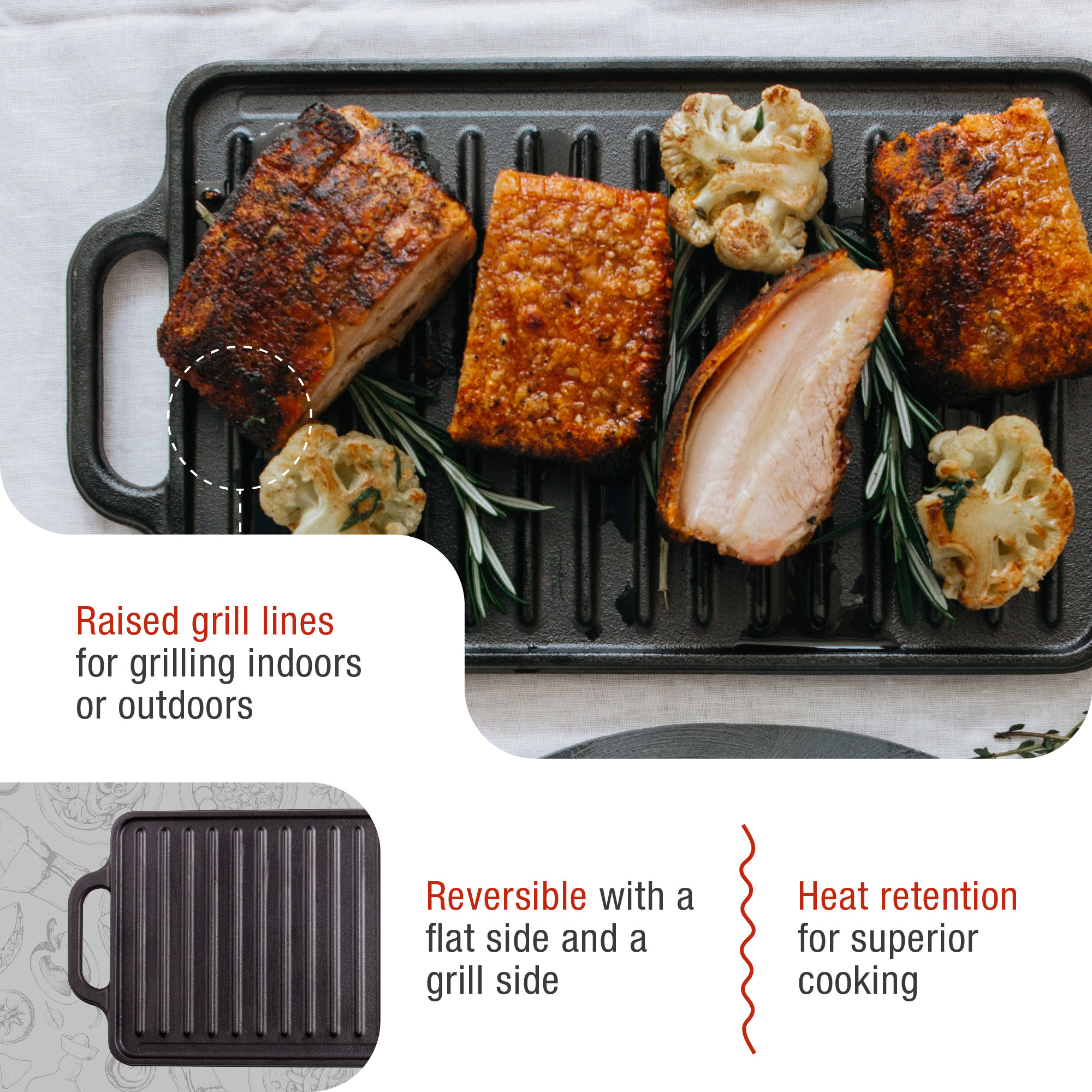 Gegrilltes Essen auf einer schwarzen Grillplatte. Enthält Fleisch und Blumenkohl.