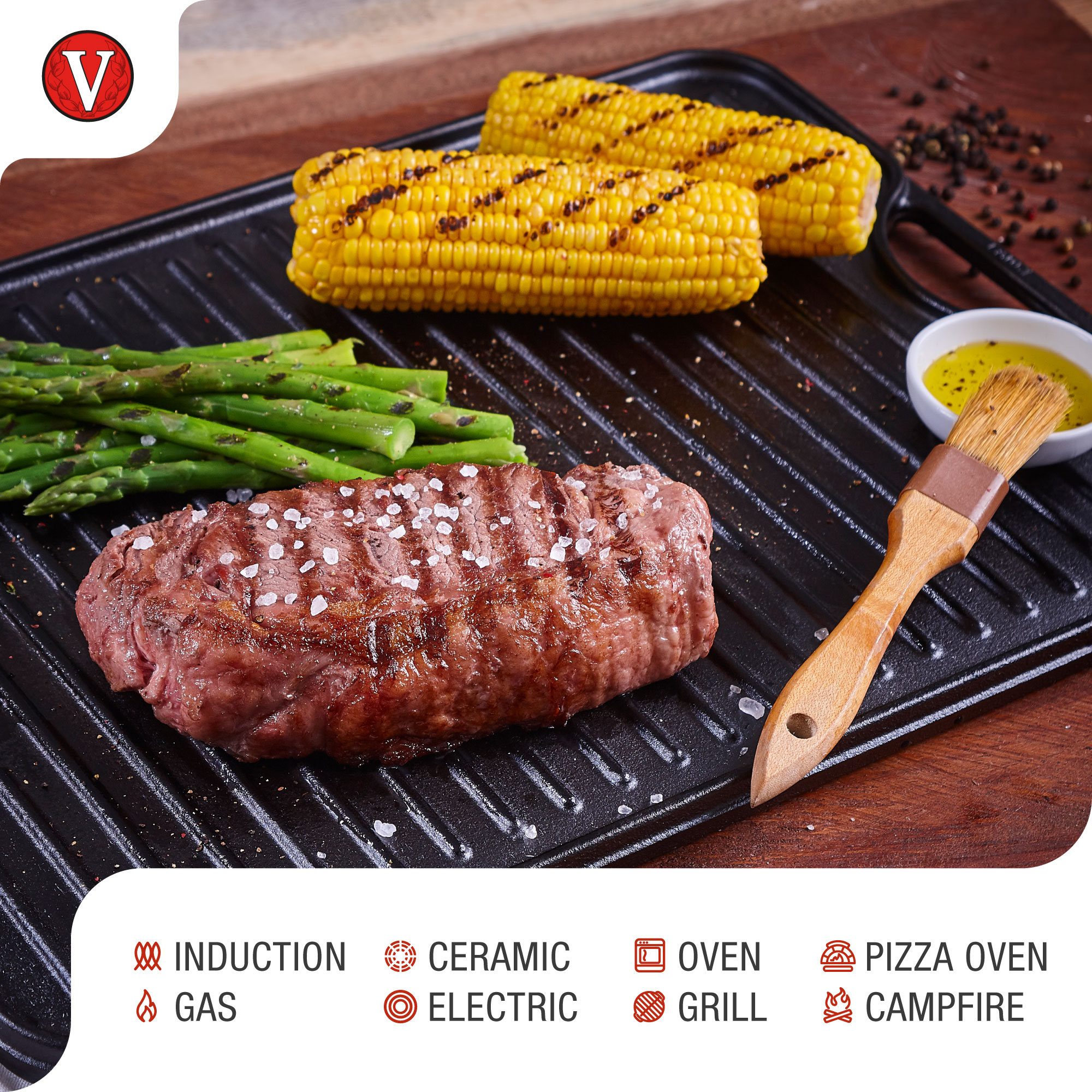 Ein Steak auf einem Grill mit Mais, Spargel und einem Pinsel, verschiedene Kochmethoden werden gezeigt.