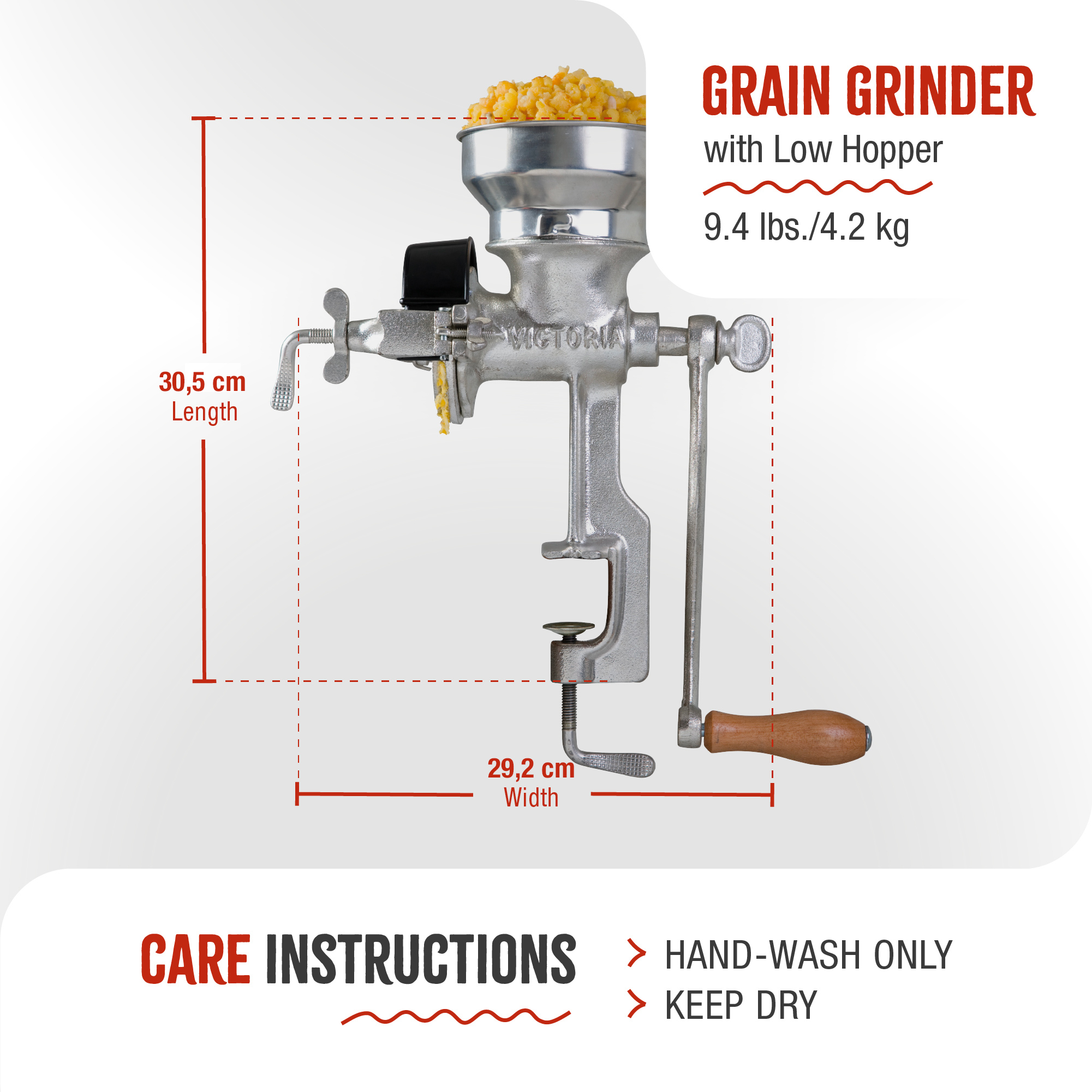 Molinillo de grano con medidas e instrucciones de cuidado, con grano en la parte superior. Molinillo plateado.