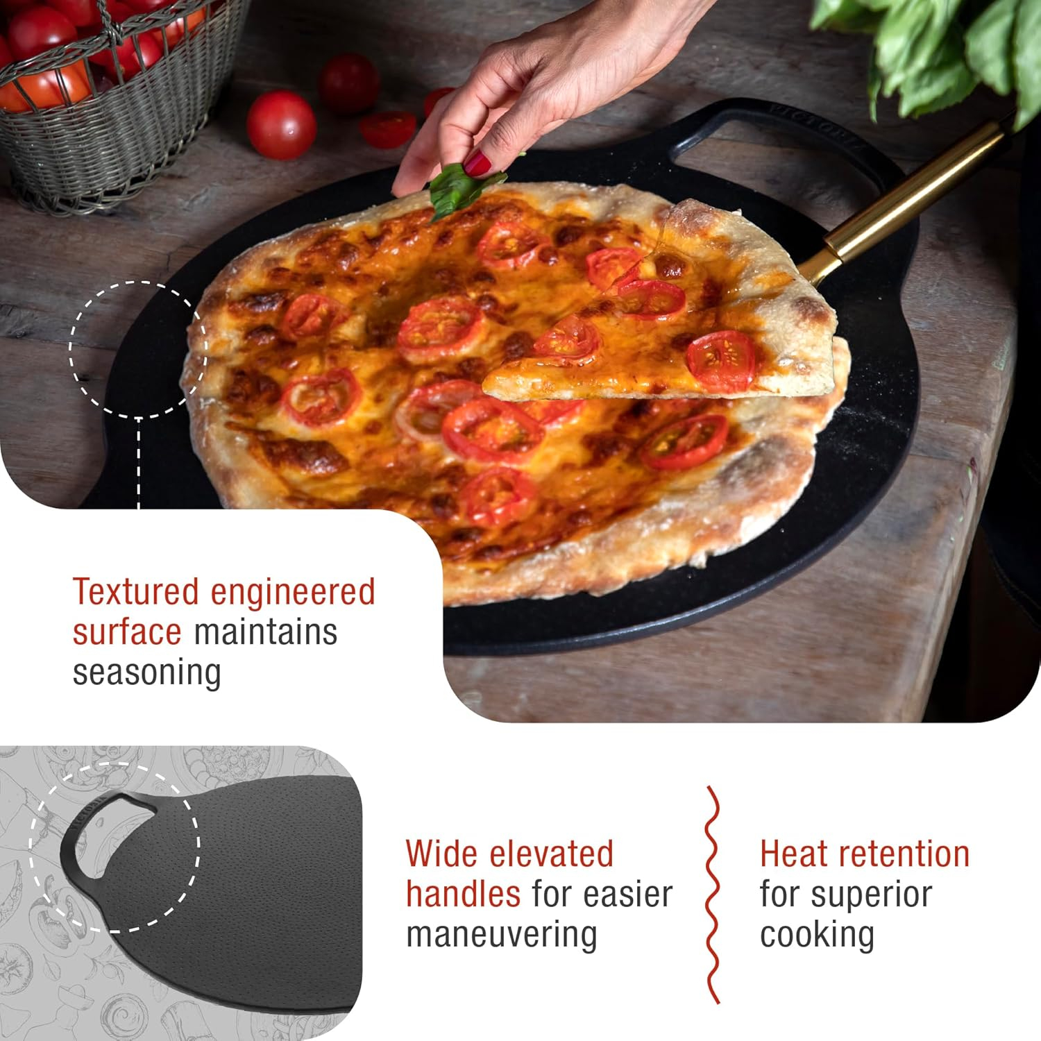 Pizza auf schwarzem Stein mit Text über Oberfläche, Griffe und Wärmespeicherung. Hand, die ein Blatt platziert.