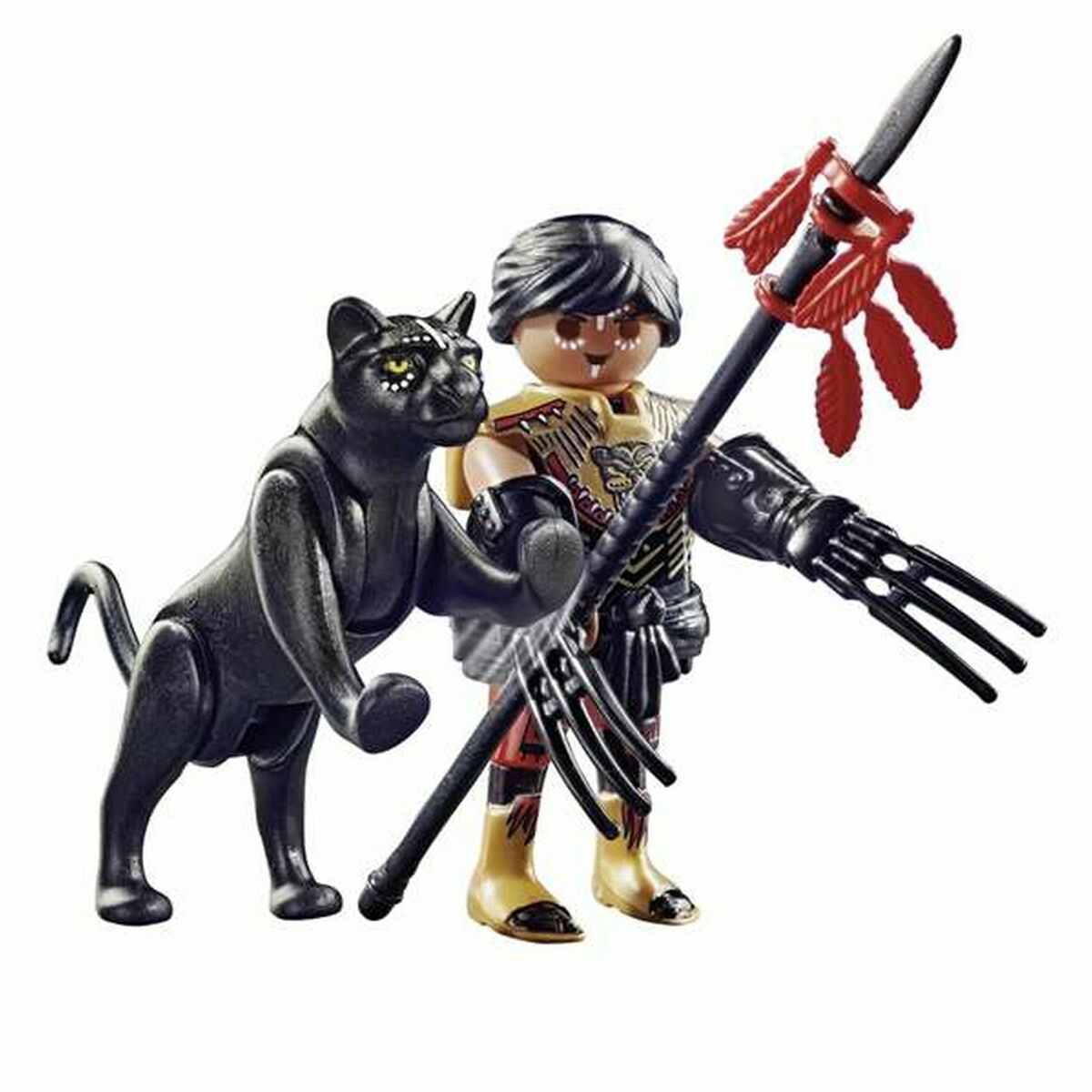 Playmobil-Figur mit Panther und Speer. Weißer Hintergrund. Figur trägt Stammeskleidung.