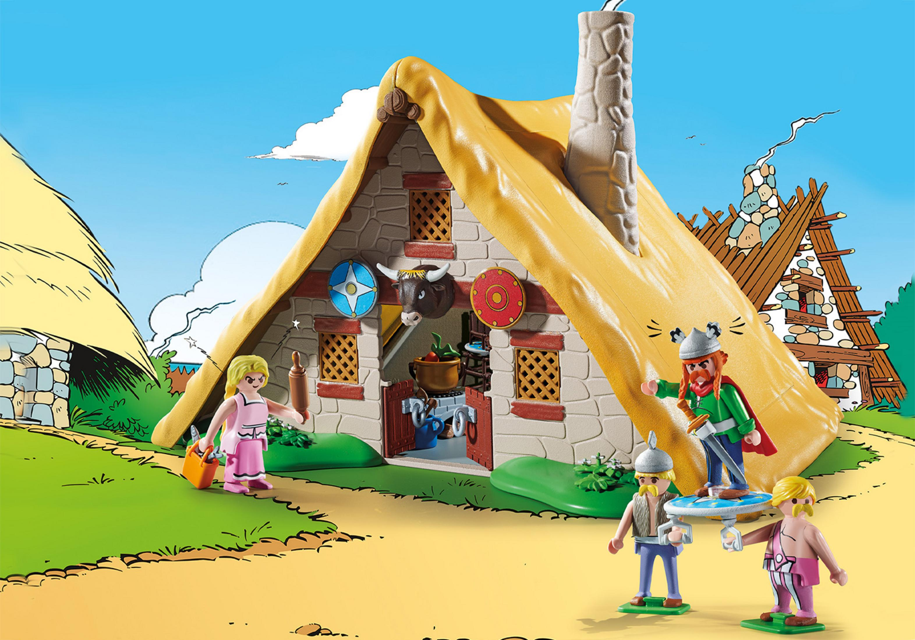 Playmobile Wikingerdorf-Szene mit Figuren. Ein Haus und Charaktere in sonniger, cartoonartiger Umgebung.