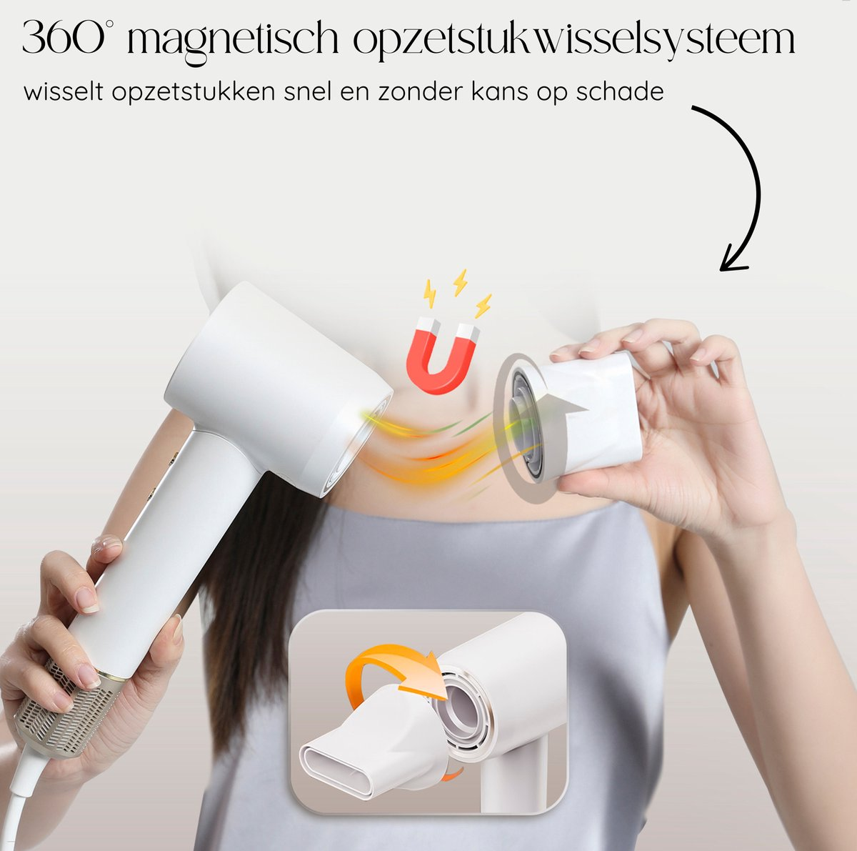 Een witte föhn met een roterende opzet en een rode magnetische connector. Een vrouw houdt de föhn en een andere opzet vast.