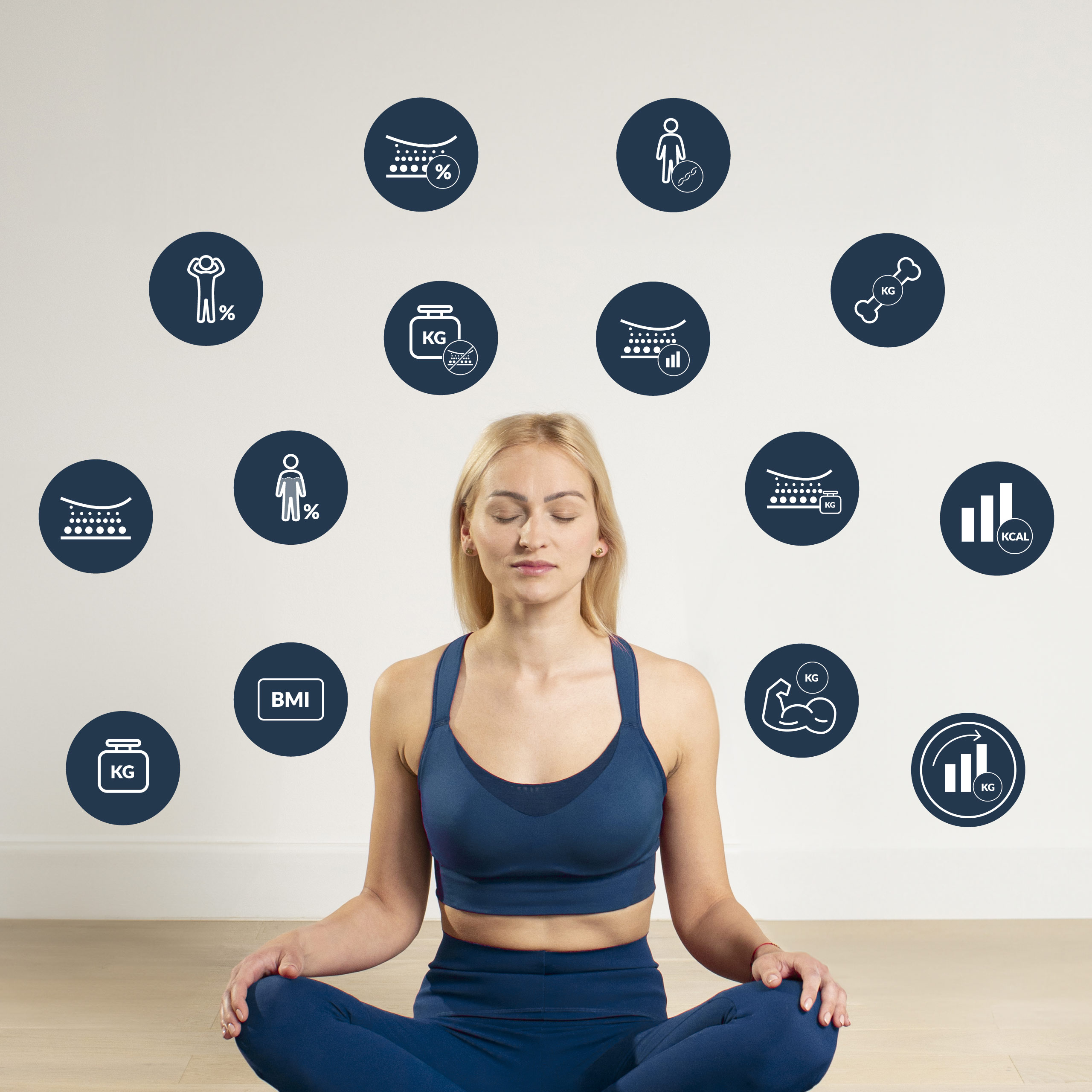 Kobieta medytuje z ikonami fitness wokół głowy, wskazującymi wskaźniki zdrowia.