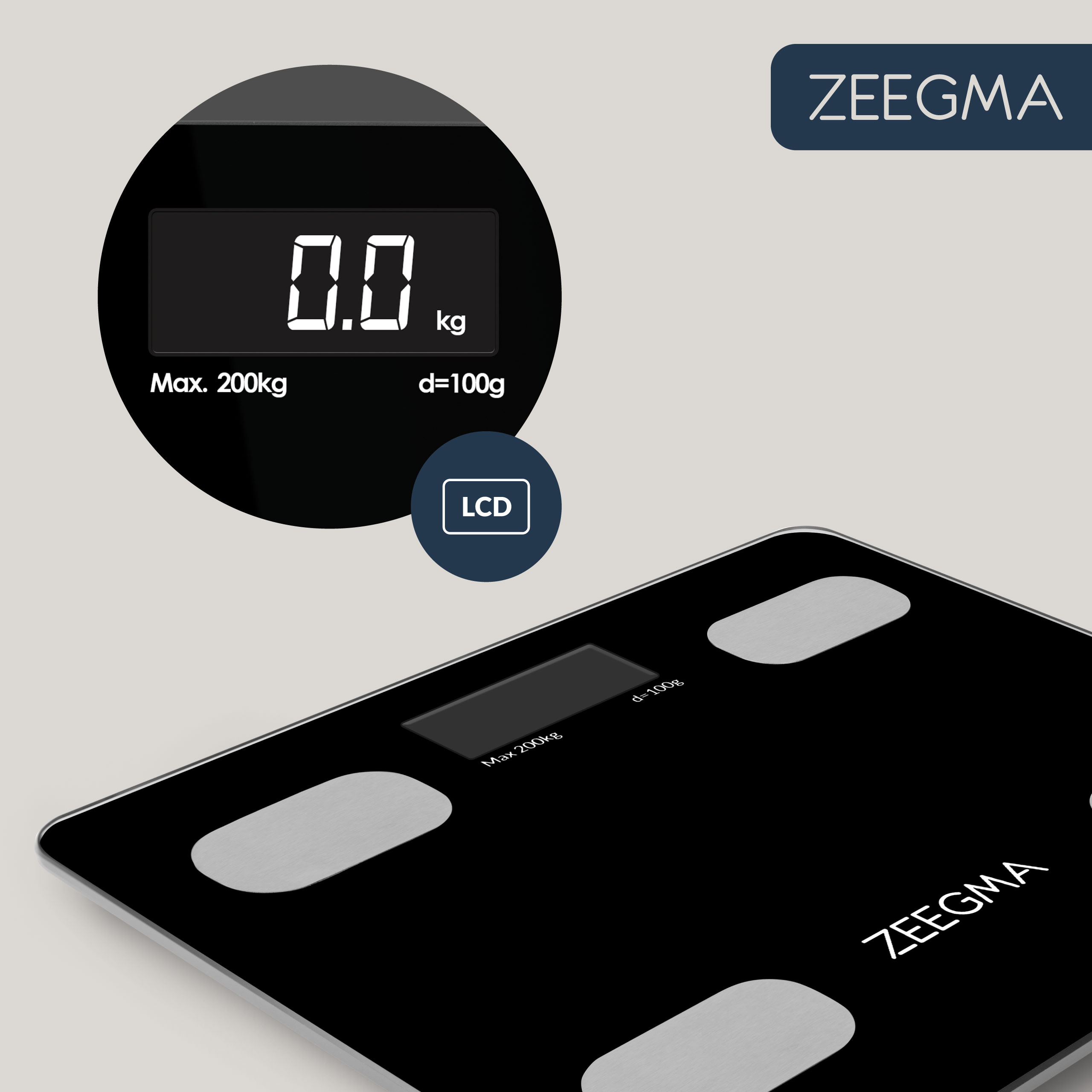 Czarna waga cyfrowa z ekranem LCD. Wyświetla 0,0 kg. Maks. 200 kg. Marka ZeeGma.