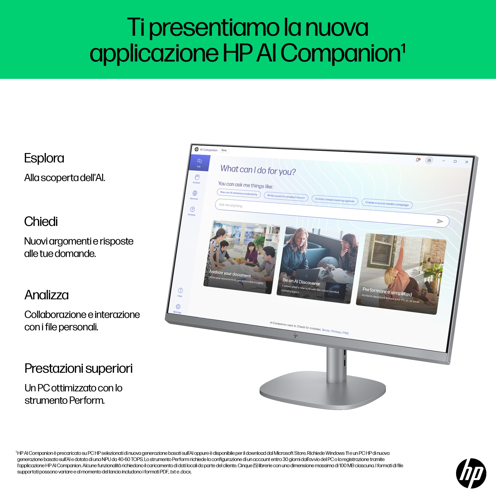 Monitor komputera wyświetlający interfejs aplikacji HP AI Companion, z tekstem i ikonami.