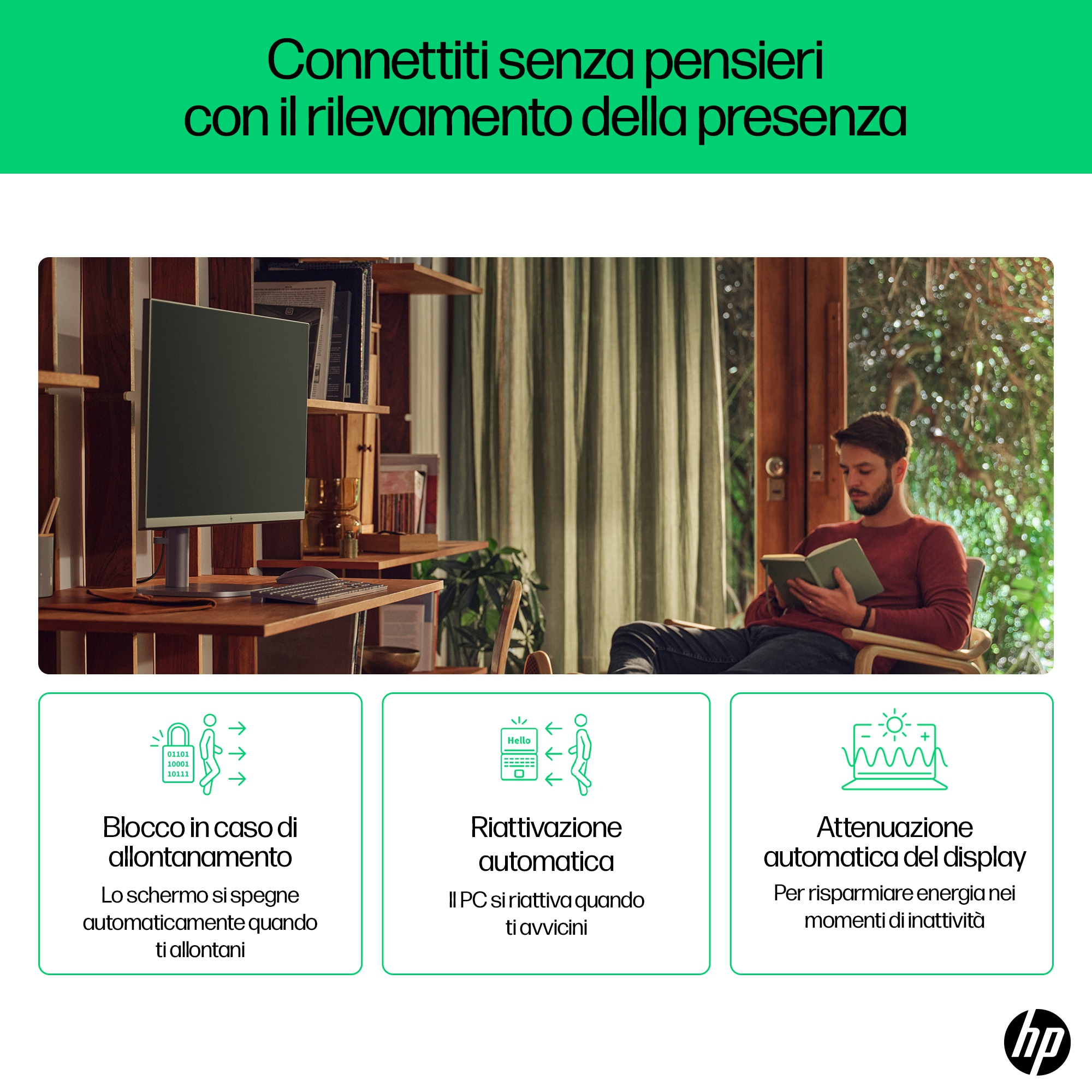 Osoba czytająca z monitorem, biurkiem i trzema ikonami z tekstem opisującym funkcje ekranu.