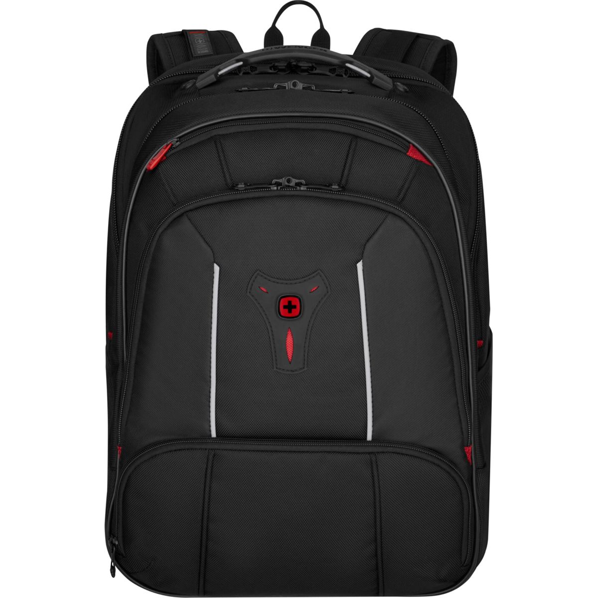 Sac à dos noir avec des accents rouges. Logo de la croix suisse et détails de fermeture éclair rouges. Poche avant et poignée.