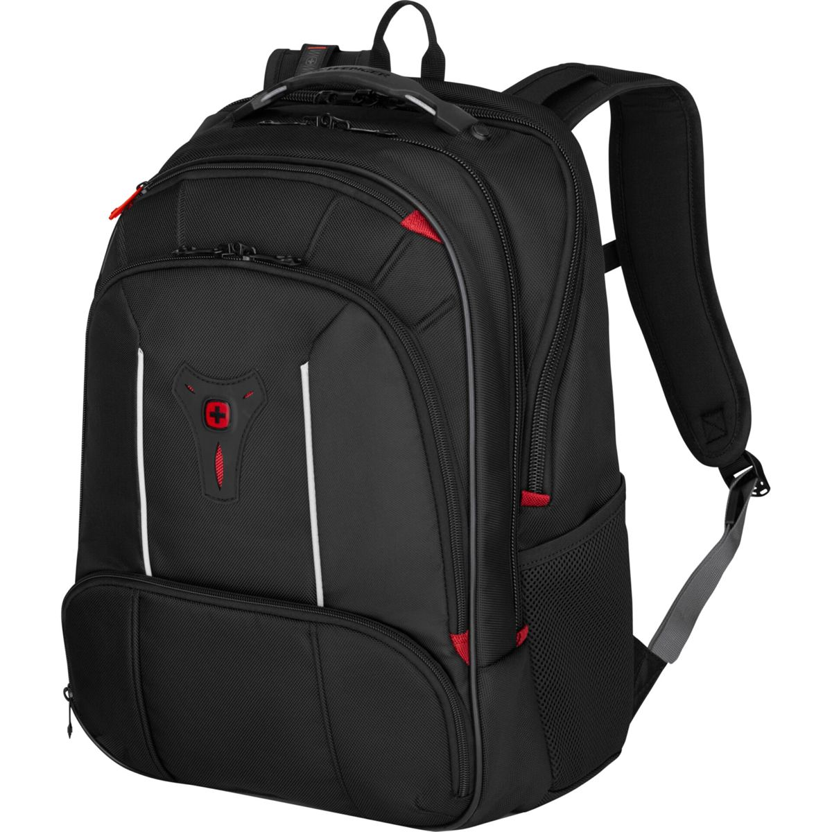 Sac à dos noir avec des accents rouges, deux bandes blanches et le logo de la croix suisse, vue en angle.